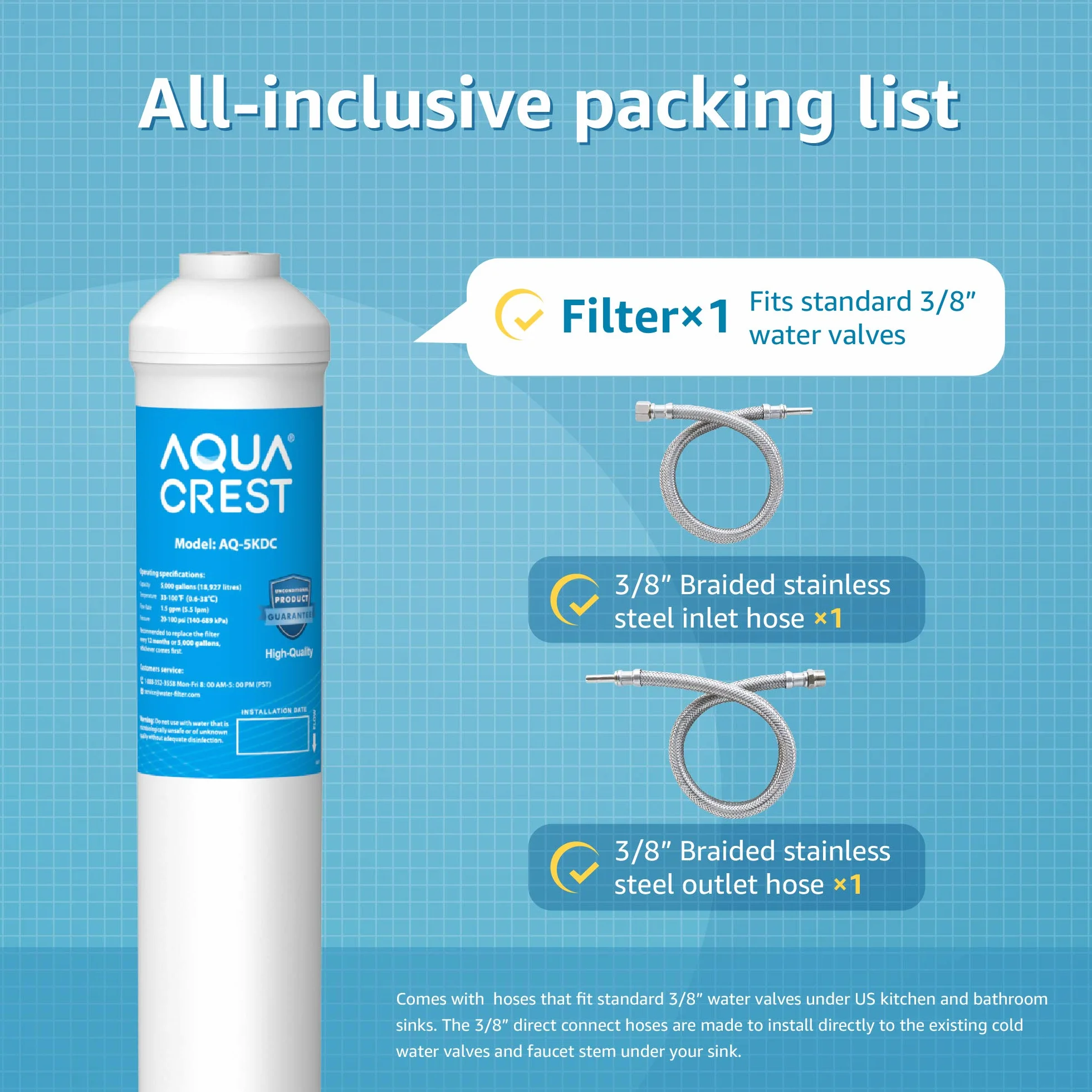 AQUACREST 5KDC Inline System Filtracji Wody Pod Zlewem, Bezpośrednie Połączenie, 12 Miesięcy Wysoka Pojemność