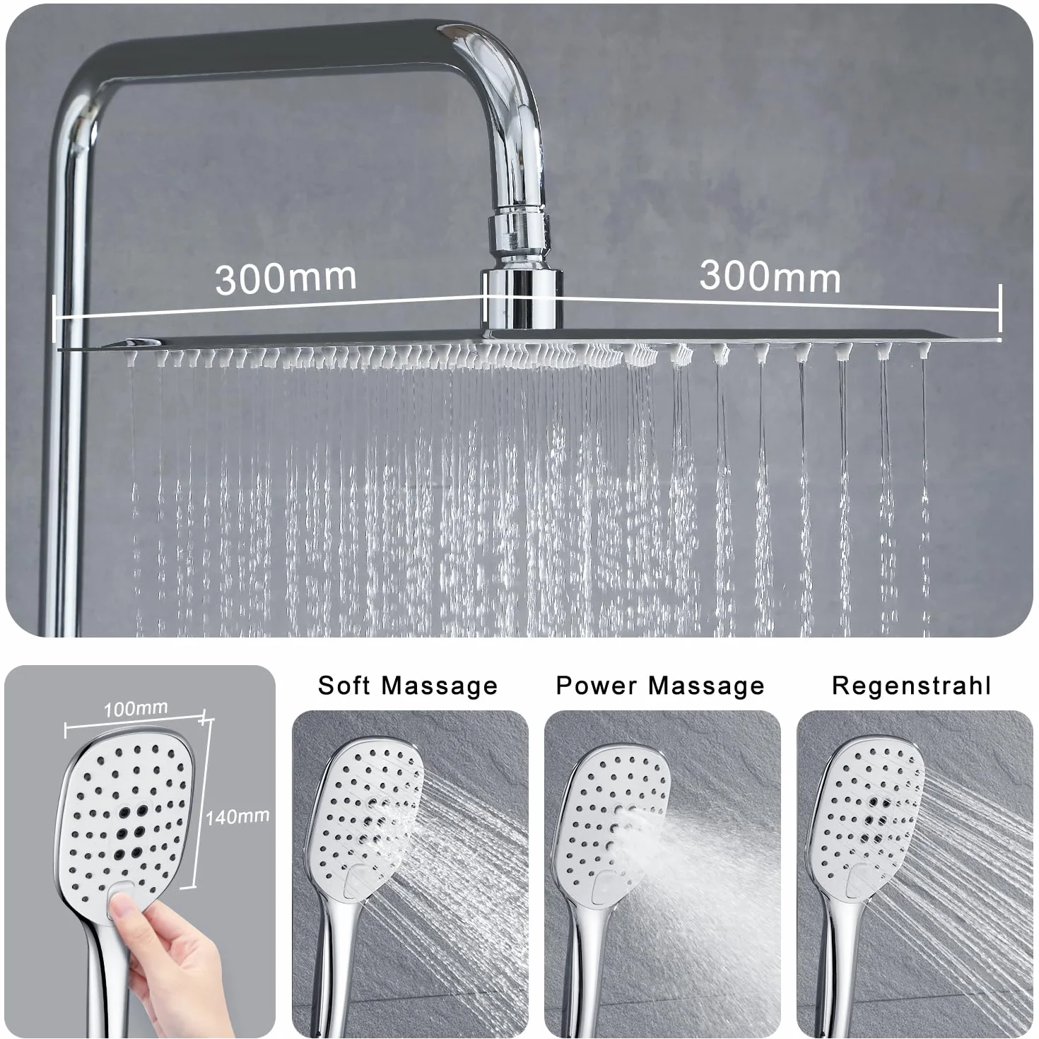 Görbach Termostatyczny Anti Scald 38 ℃ System Prysznicowy Zestaw Prysznicowy Regulowana Wysokość, Wielofunkcyjny Prysznic Ręczny, Regulowana Głowica Prysznicowa Chrom U-30x30.