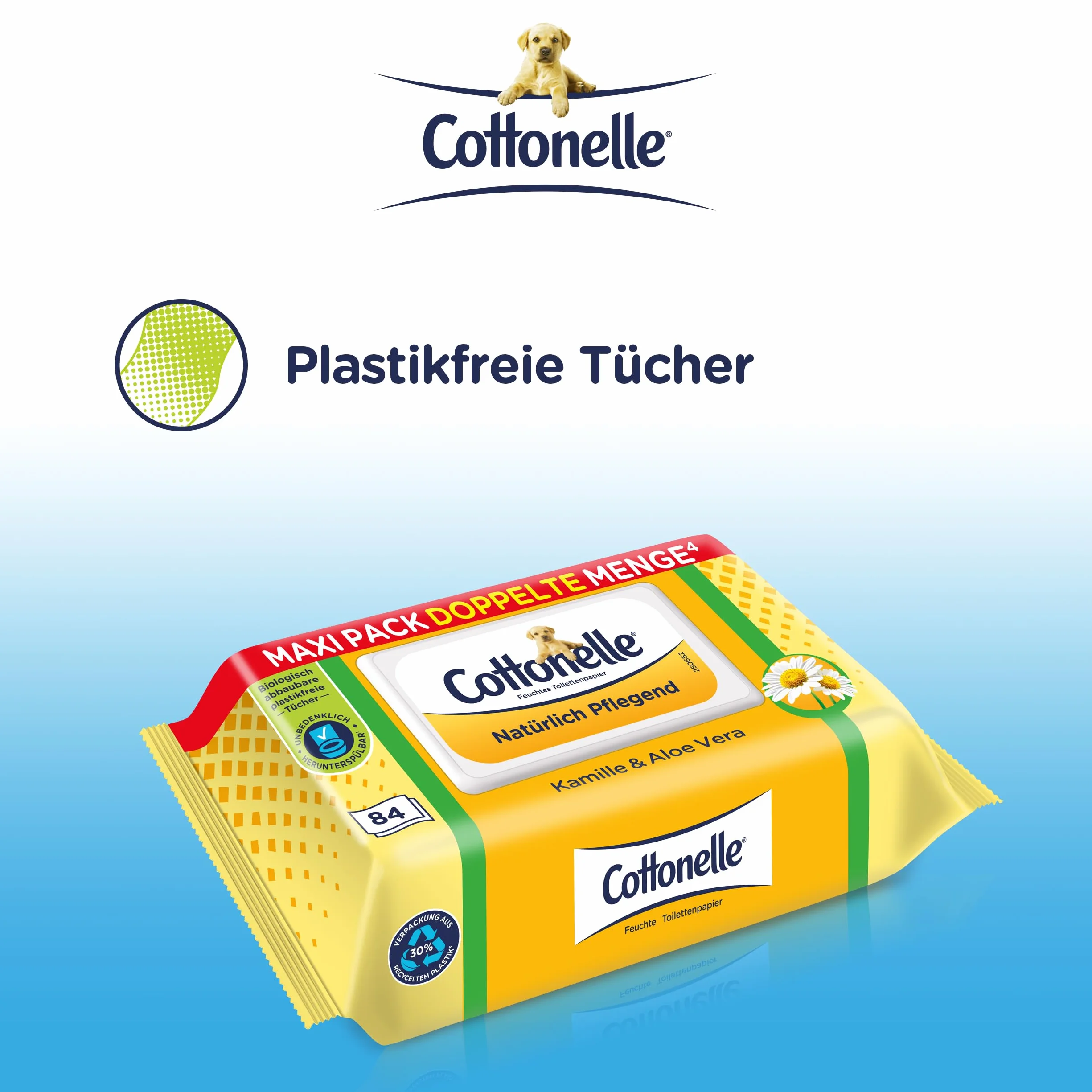 Cottonelle Wilgotny papier toaletowy, naturalnie pielęgnujący – rumianek i aloes, biodegradowalny, nie zawiera plastiku, możliwość ponownego zamknięcia, 1 x 84 chusteczki nawilżane (pojedyncze