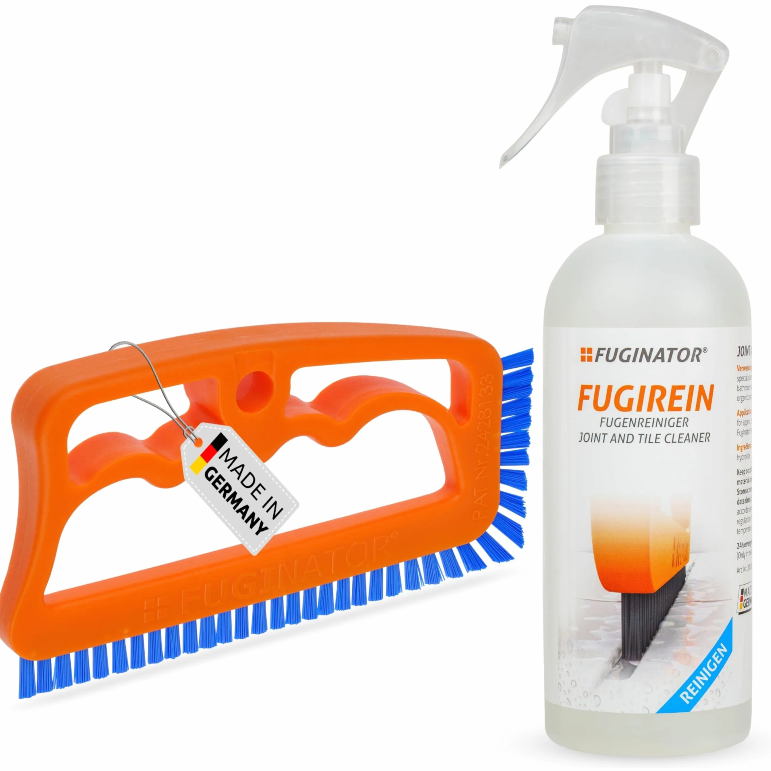 FUGINATOR® Szczotka do fug w zestawie środek do czyszczenia fug 250 ml – zestaw do czyszczenia fug – szczotka do czyszczenia fug w łazience, kuchni i gospodarstwie domowym