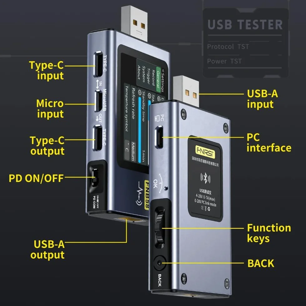 FNB58 Cyfrowy woltomierz i amperomierz Tester USB TYPE-C Szybkie wykrywanie ładowania Wyzwalacz Pomiar pojemności Pomiar tętnień