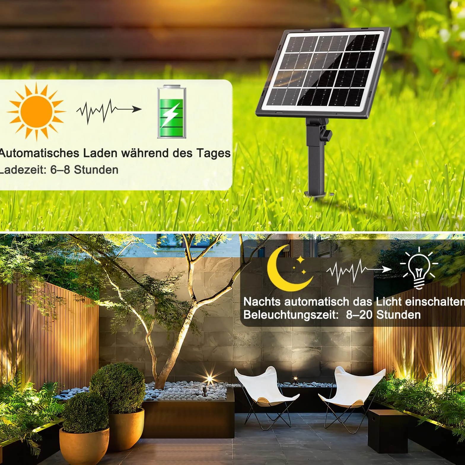 MEIKEE Reflektory słoneczne na zewnątrz, 2700 K, ciepła biel, 3 jasność, 2 tryby dynamiczne, solarne oświetlenie ogrodowe, 6000 mAh, wodoszczelność IP66, idealny do ogrodów, patio, tarasów, drzew