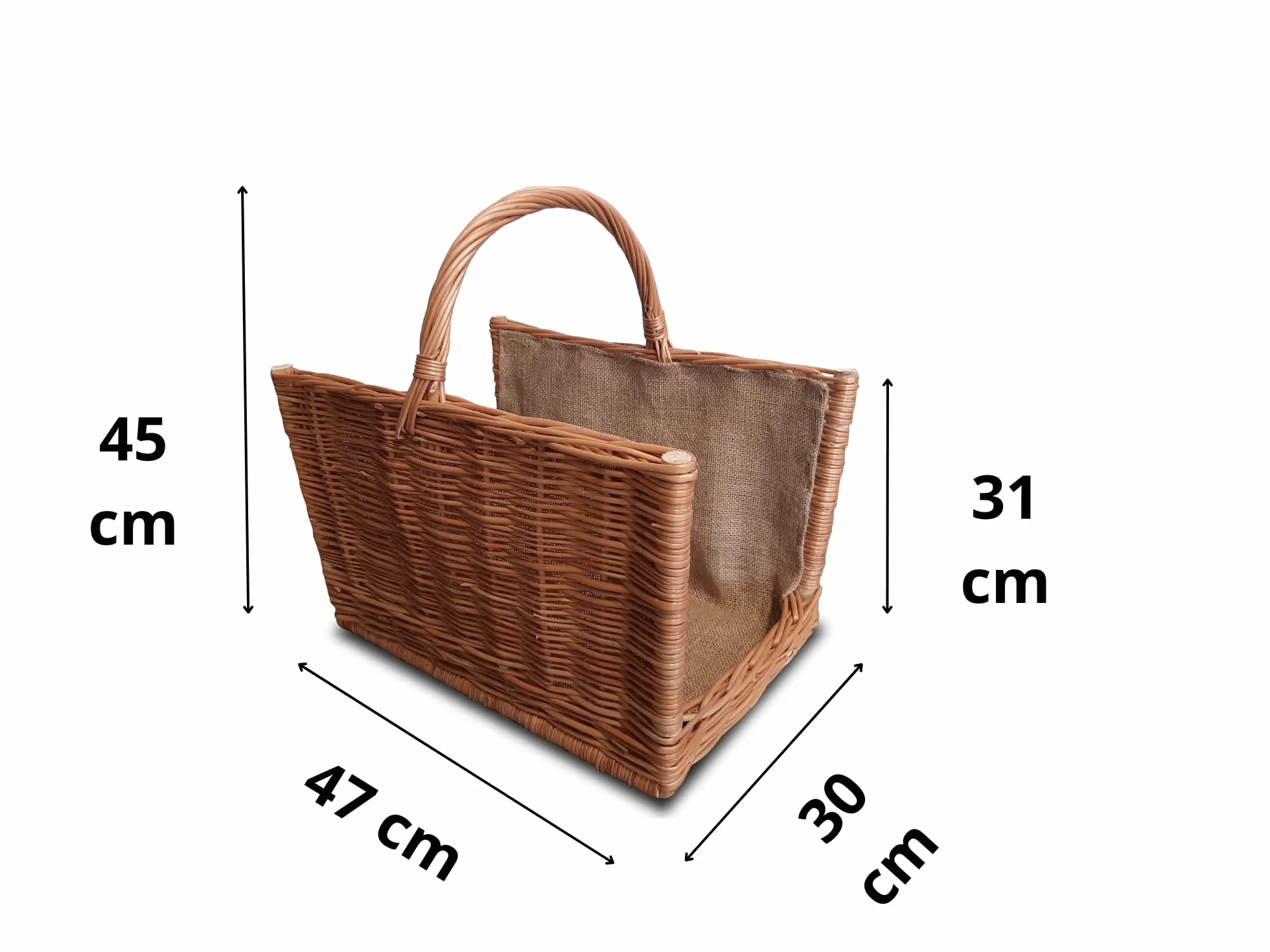 Duży Wypleciony Kosz na Drewno Opałowe do Kominka 47 x 30 cm Wiklinowy Kosz z Solidnym Uchwytem i Jutową Tkaniną