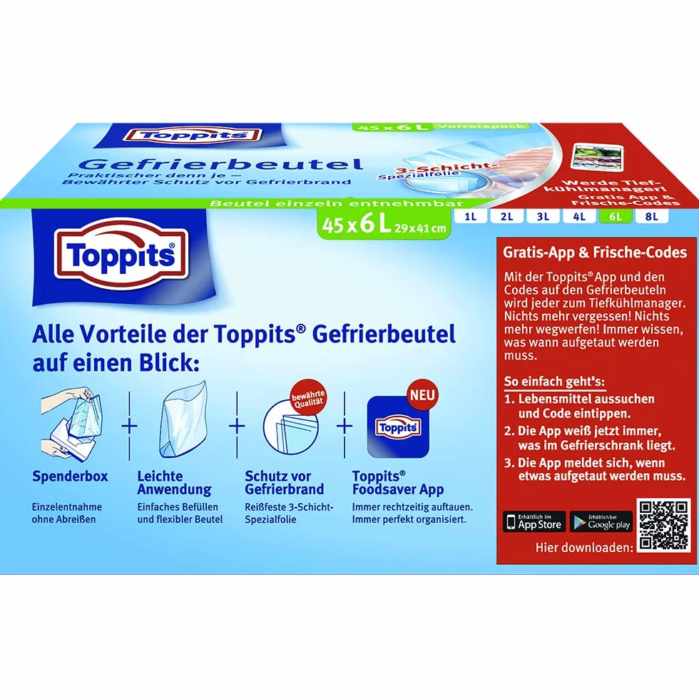 Toppits Worki do mrożenia opakowanie zapasowe, 6 litrów, 45 sztuk, podłoga, przezroczyste