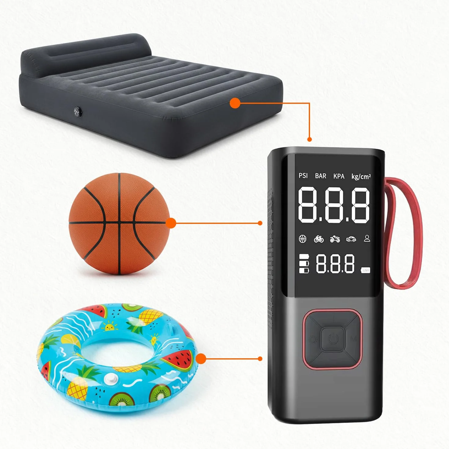 Kompresor Akumulatorowy 80W 7800mAh, Przenośna Pompka 150 PSI do Opon Auta, Roweru (Presta), Motocykla, Piłek i Materacy, Wyświetlacz LCD, Auto Stop, Latarka LED, Ładowanie USB-C, Kompaktowa Pompa