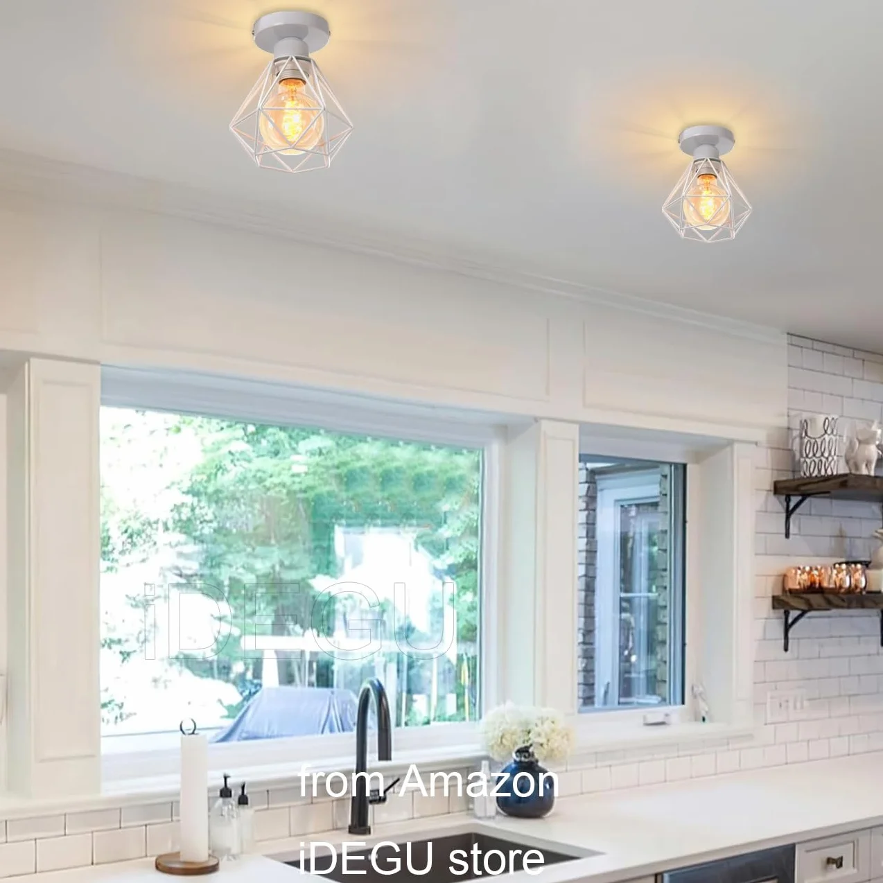 iDEGU Zestaw 2 sztuk przemysłowych metalowych lamp sufitowych w kwadratowej klatce, żyrandol żelazny klosz lampy wiszącej E27 40 W, czarny, do salonu, sypialni, baru (mały biały diament)