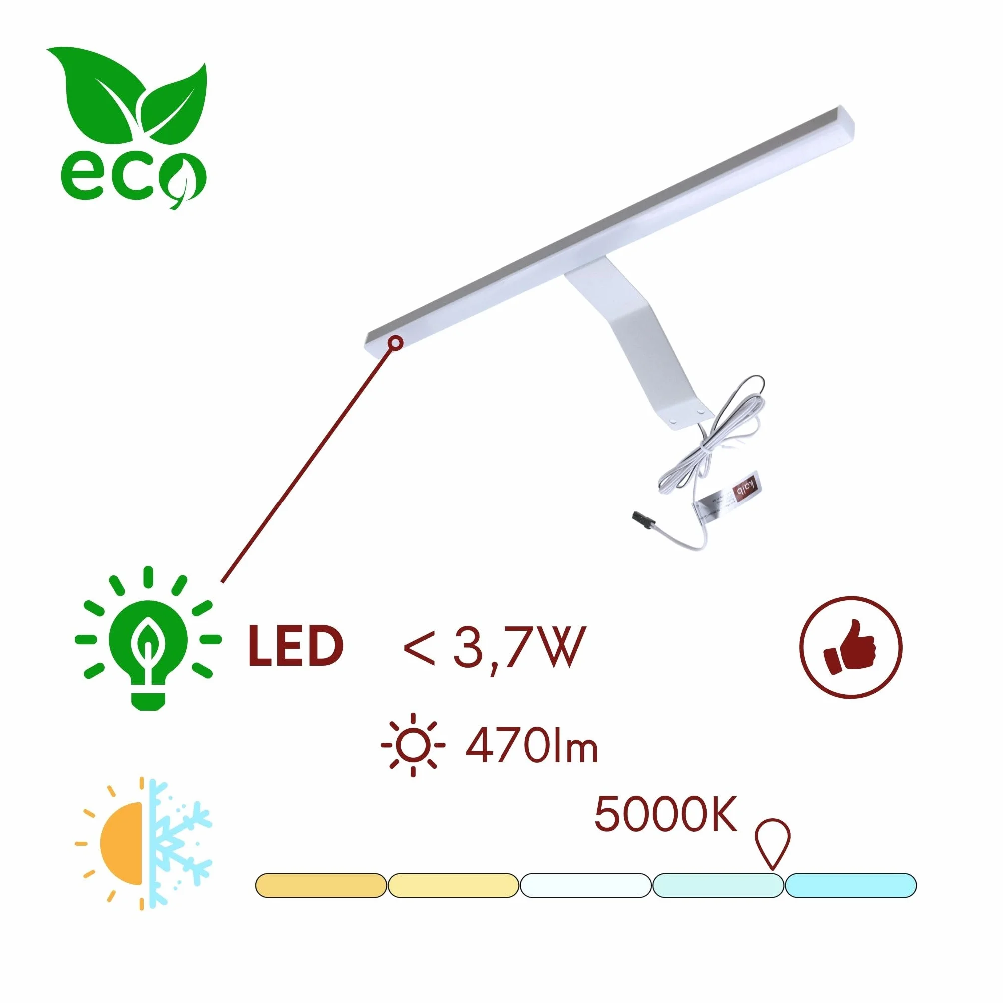 cielęcina, lampa LED do montażu lustra Lancea, 34 cm, zestaw z gniazdkiem i przełącznikiem, 5000 K, 470 lm, 230 V AC/12 VDC, lampa do zabudowy szafki z lustrem, srebrna, zimna biel