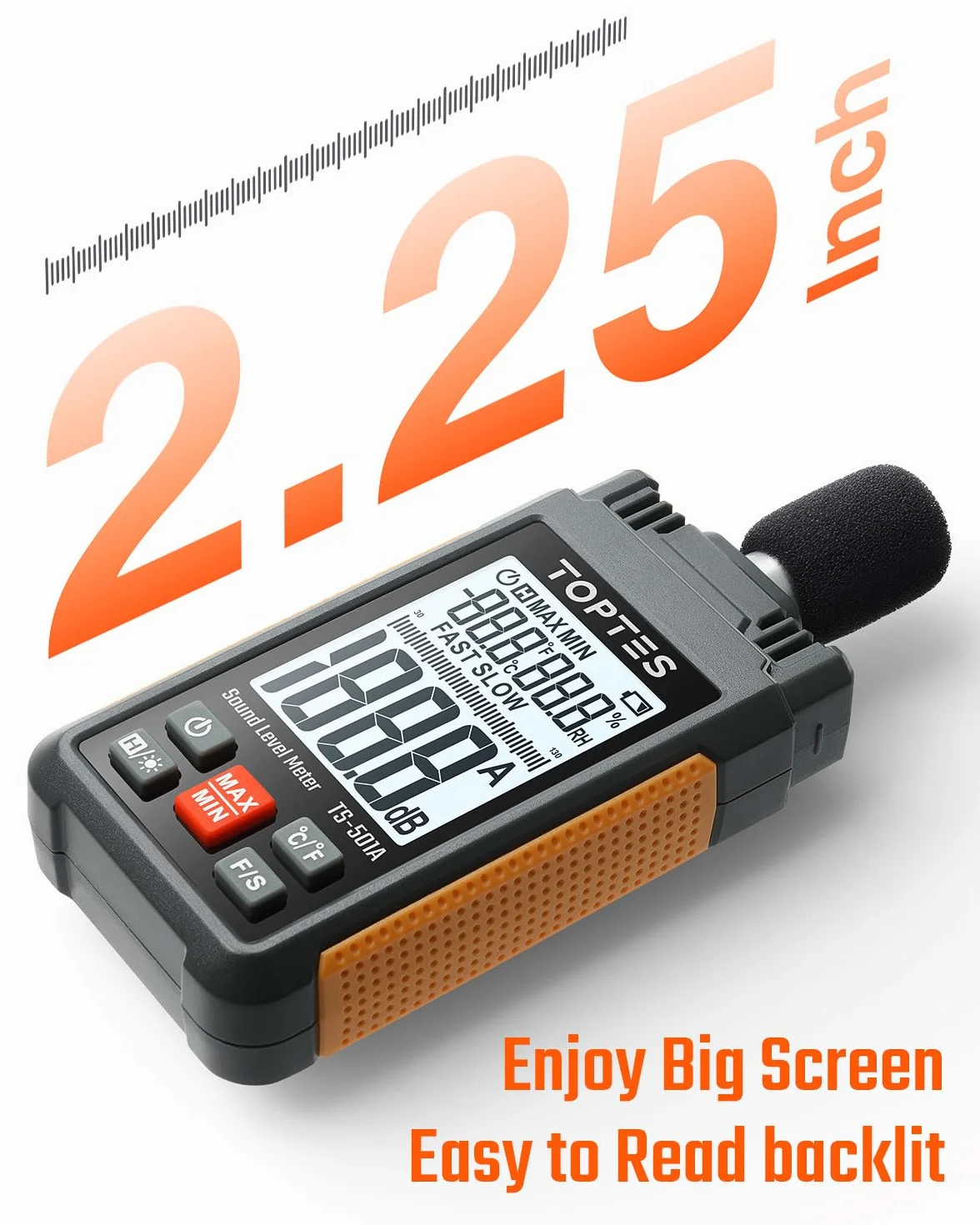 TopTes Miernik poziomu dźwięku TS-501A, miernik decybeli z ekranem LCD o przekątnej 2,25", z podświetleniem, waga A, zakres 30-130 dB, maks. / min, przechowywanie danych – pomarańczowy