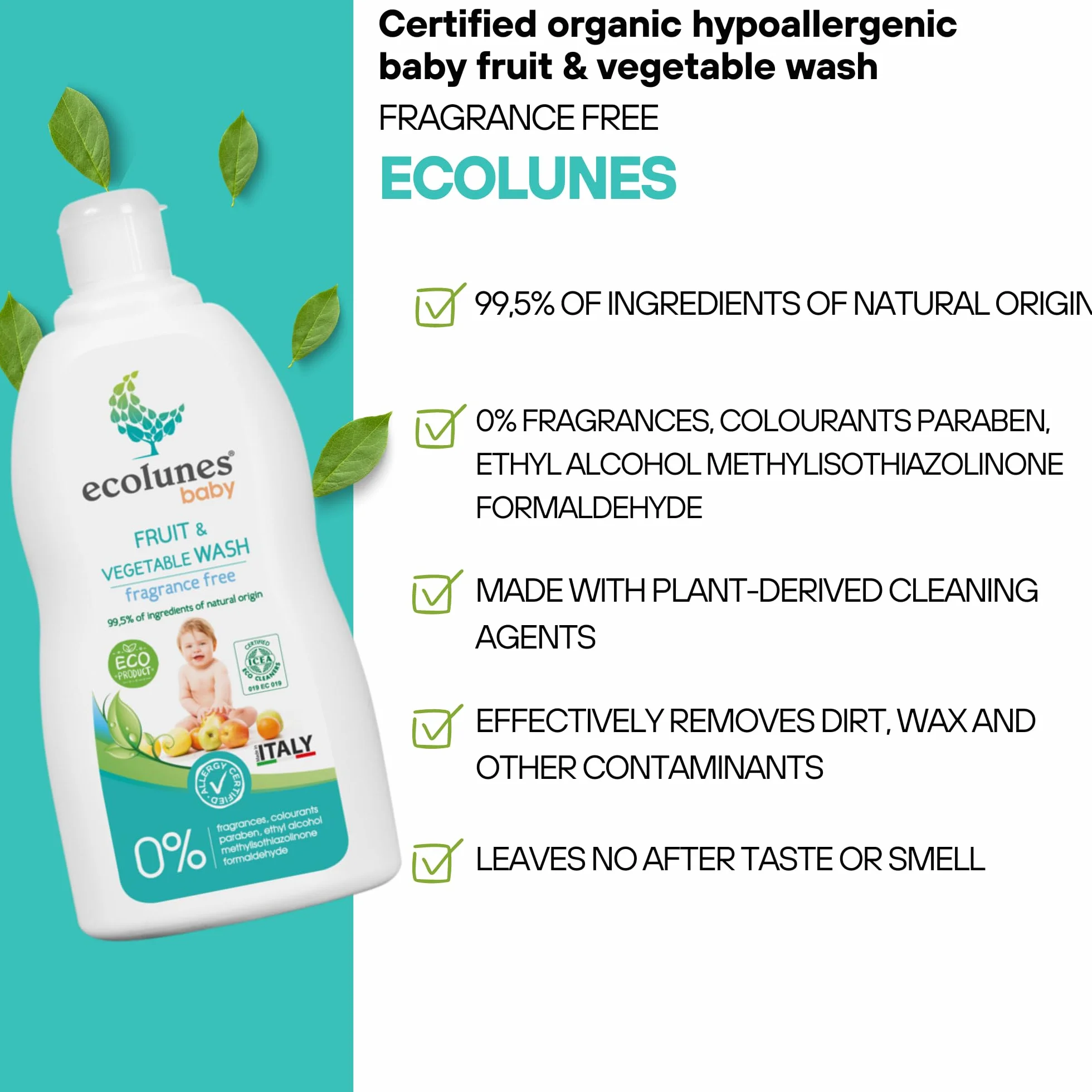 Ecolunes Baby Fruit & Vegetable Wash hipoalergiczny płyn do mycia ciała dla dzieci z owocami i warzywami, bezzapachowy, 99,5% składników pochodzenia naturalnego, nie powoduje alergii, 500 ml