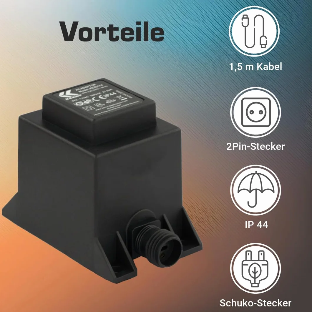 KERRY transformator 12 V 21,6 VA AC/AC, do użytku na zewnątrz, IP44, np. do oświetlenia LED i pomp, długość 1,5 m