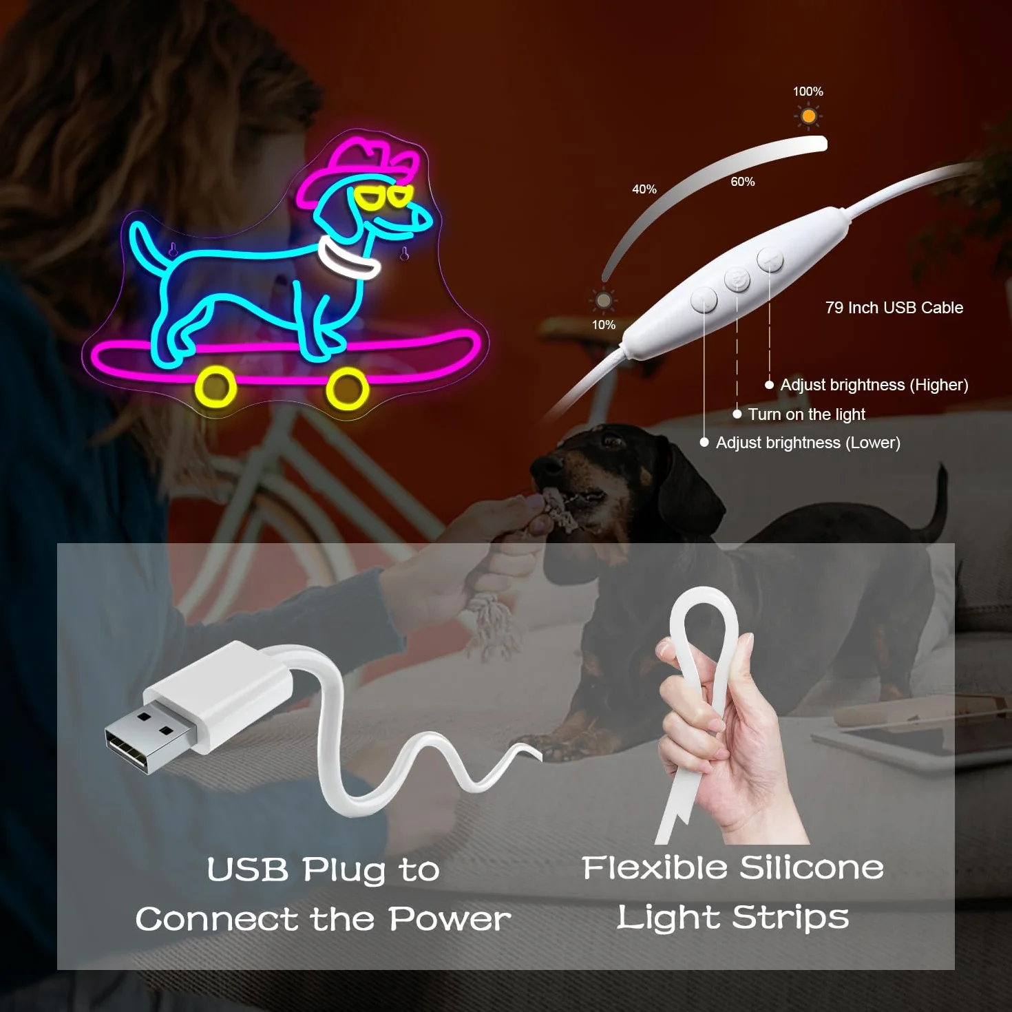 Looklight Neonowy znak dla psa na deskorolce, jamnik, kolorowe znaki LED z przełącznikiem ściemniania, uroczy szczeniak w kowbojskim kapeluszu, neonowe znaki świetlne do sypialni, sklepu zoologicznego