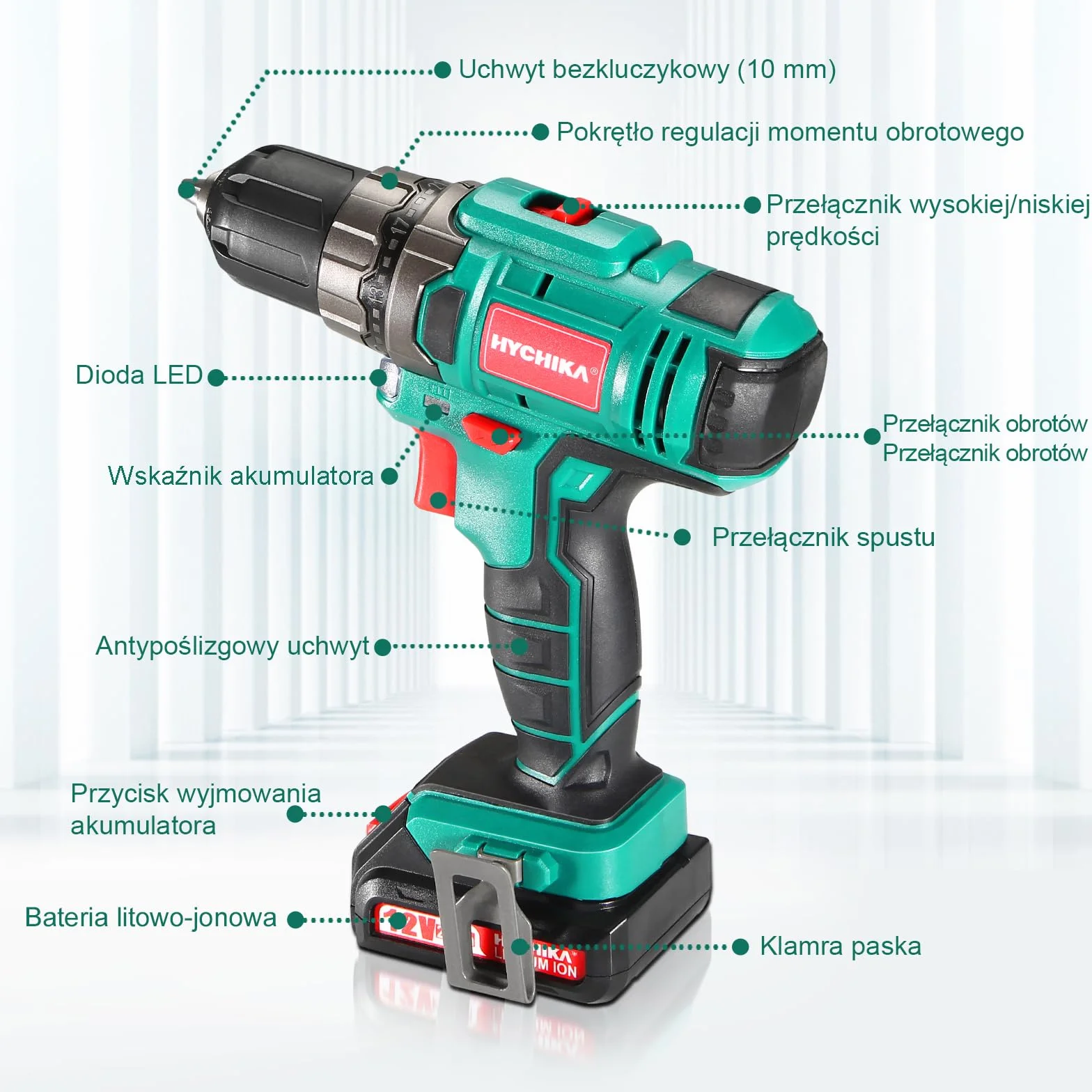 Wiertarka Akumulatorowa 12V, Hychika Wiertarka Elektryczna 30N-M Max Moment Obrotowy Z Akumulatorem 1500Mah, 21+1 regulacji prędkości, 2 regulacje prędkości, 27 akcesoriów, dioda LED