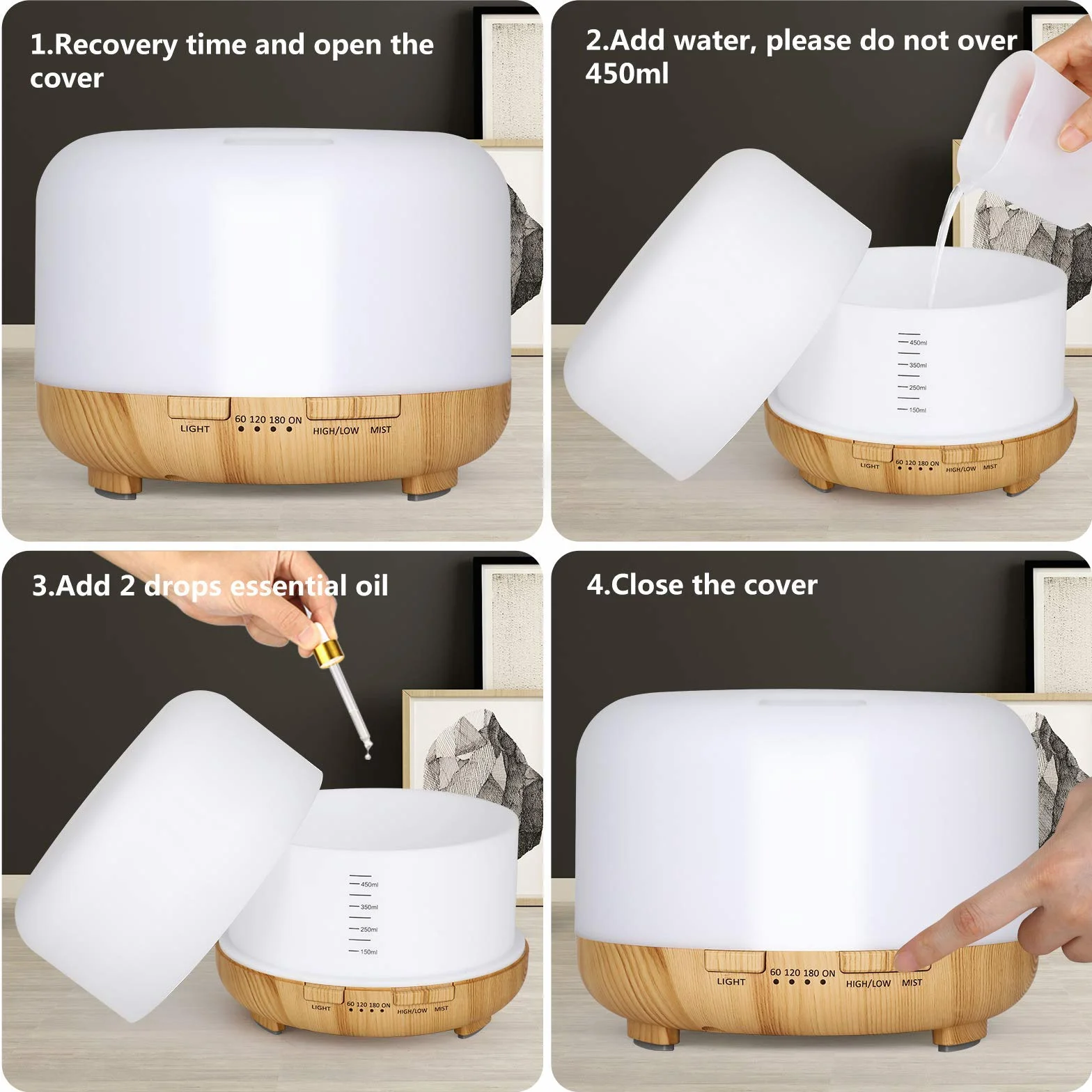 Hianjoo Dyfuzor zapachowy ultradźwiękowy 450 ml z timerem LED 7 kolorów