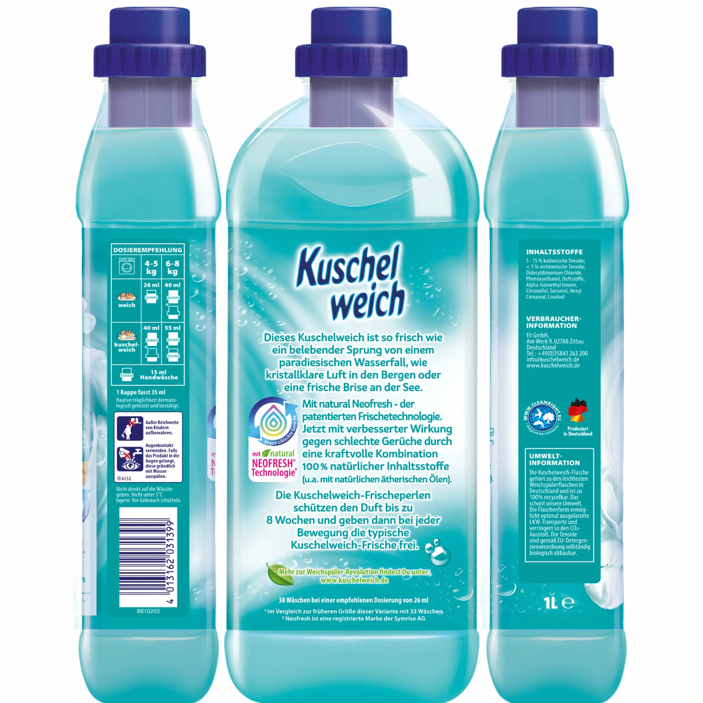 Kuschelweich Płyn do płukania tkanin w pomieszczeniu świeżości, przyswajalność potwierdzona dermatologicznie, płyn do płukania Kuschelweich bez mikroplastiku, 1 litr do 38 cykli prania, 1037,48 g
