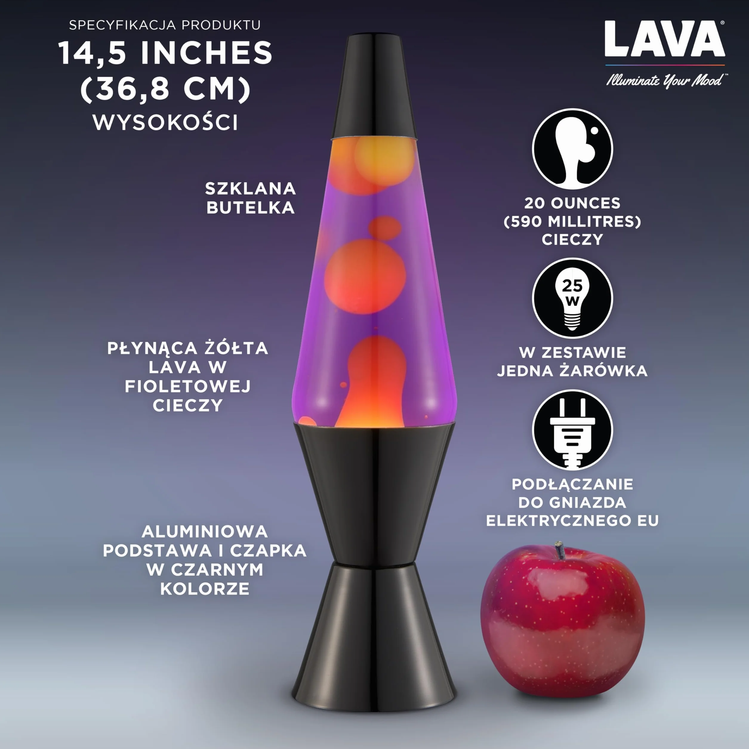LAVA® - Lampa Lava 2323, żółty wosk, fioletowa ciecz, czarna podstawa i czapka, oryginalna 14,5 cal lampa ruchowa marki LAVA®