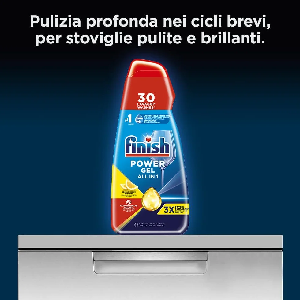 Finish Powergel żel do mycia w zmywarce w płynie, wielozadaniowy, moc odtłuszczania, cytryna, opakowanie 30 prań, 600 ml