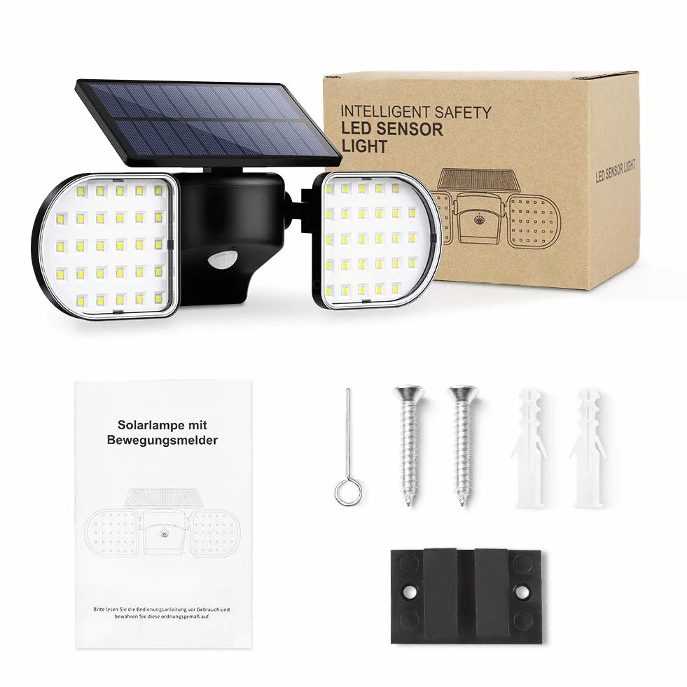 OUSFOT Lampy solarne na zewnątrz 56 LED solarne światła powodziowe czujnik ruchu podwójny panel światło bezpieczeństwa 360° regulowany reflektor ścienny IP65 wodoodporny do ogrodu garażu podjazdu drzwi wejściowych