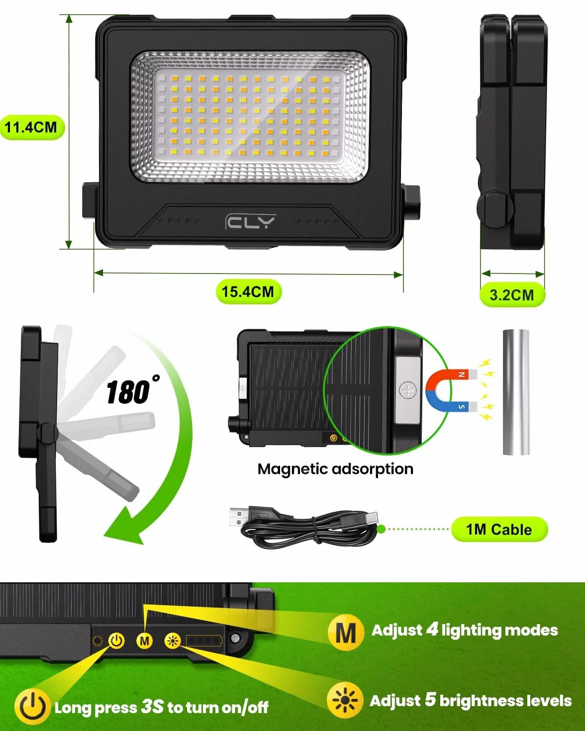 CLV Ładowalny reflektor LED USB 60 W 12000 MAH Przenośny magnetyczny reflektor budowlany 4 tryby oświetlenia i 5 poziomów jasności Awaryjna bateria zewnętrzna z panelem słonecznym na kemping