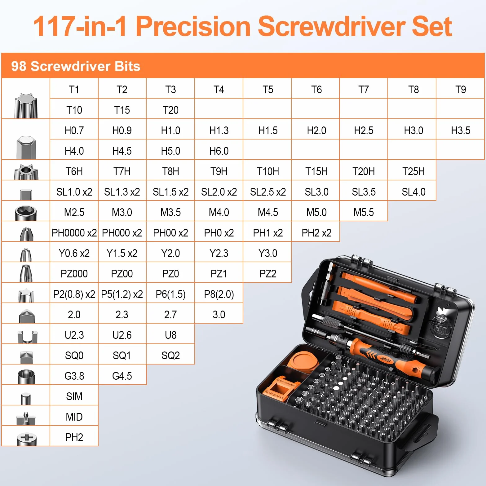 JOREST Zestaw wkrętaków precyzyjnych 117 w 1, profesjonalny zestaw do naprawy mini magnetycznych bitów torx, do PC, iPhone, laptopów, okularów, zegarów, przełączników, PS4, PS5, Xbox, elektroniki