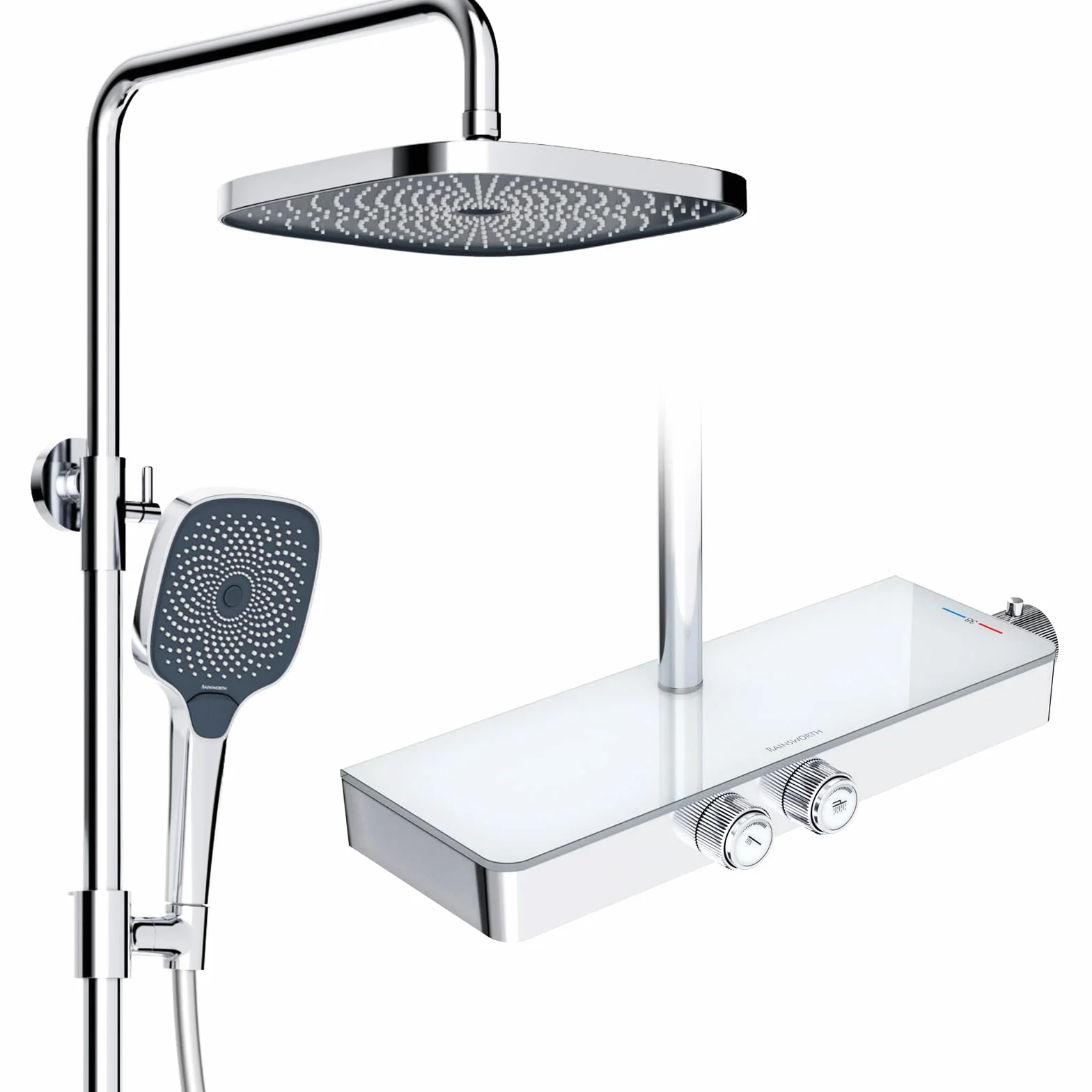 Rainsworth System prysznicowy z termostatem i szklaną półką – obsługa jednym przyciskiem i regulacją przepływu, armatura prysznicowa, deszczownica 26 x 26 cm, słuchawka prysznicowa, 3 rodzaje