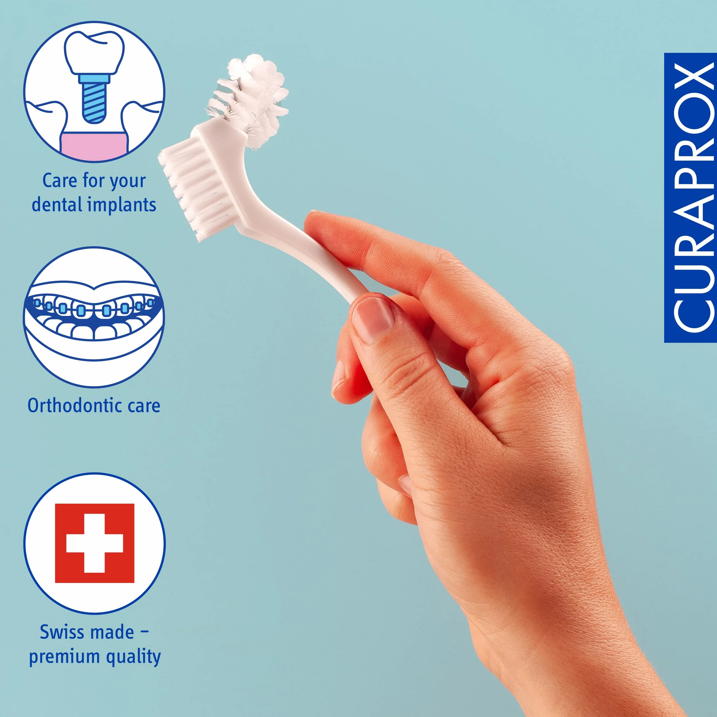 CURAPROX Szczotka do czyszczenia protez BDC-do pielęgnacji protez/konstrukcja szczotki Omega do Trudno Dostępnych miejsc/Ergonomiczny uchwyt, biały/zaprojektowany w Szwajcarii