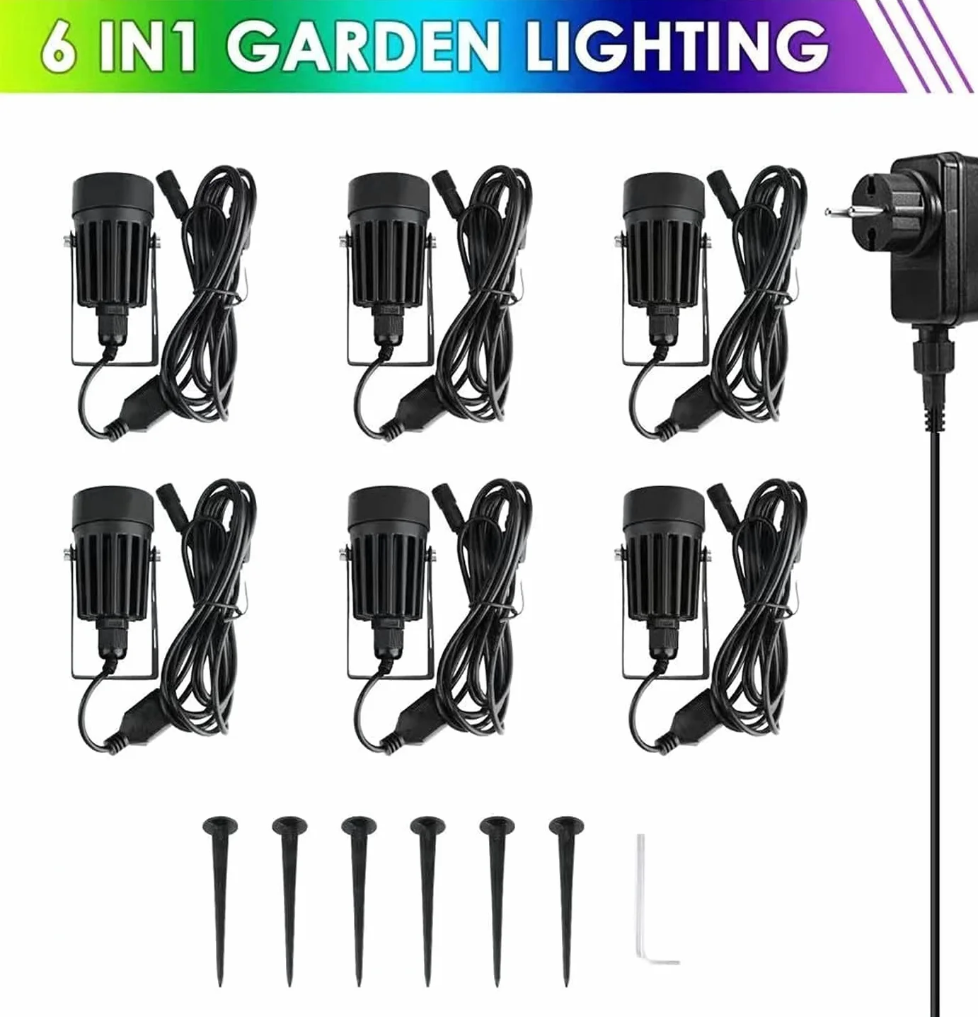 Oświetlenie Ogrodowe LED Zestaw 6 szt. z Kablem 30m, 12V Niskie Napięcie, IP65 Wodoodporne, Ciepłe Białe 3000K, na Taras, Ścieżkę, Drzewa