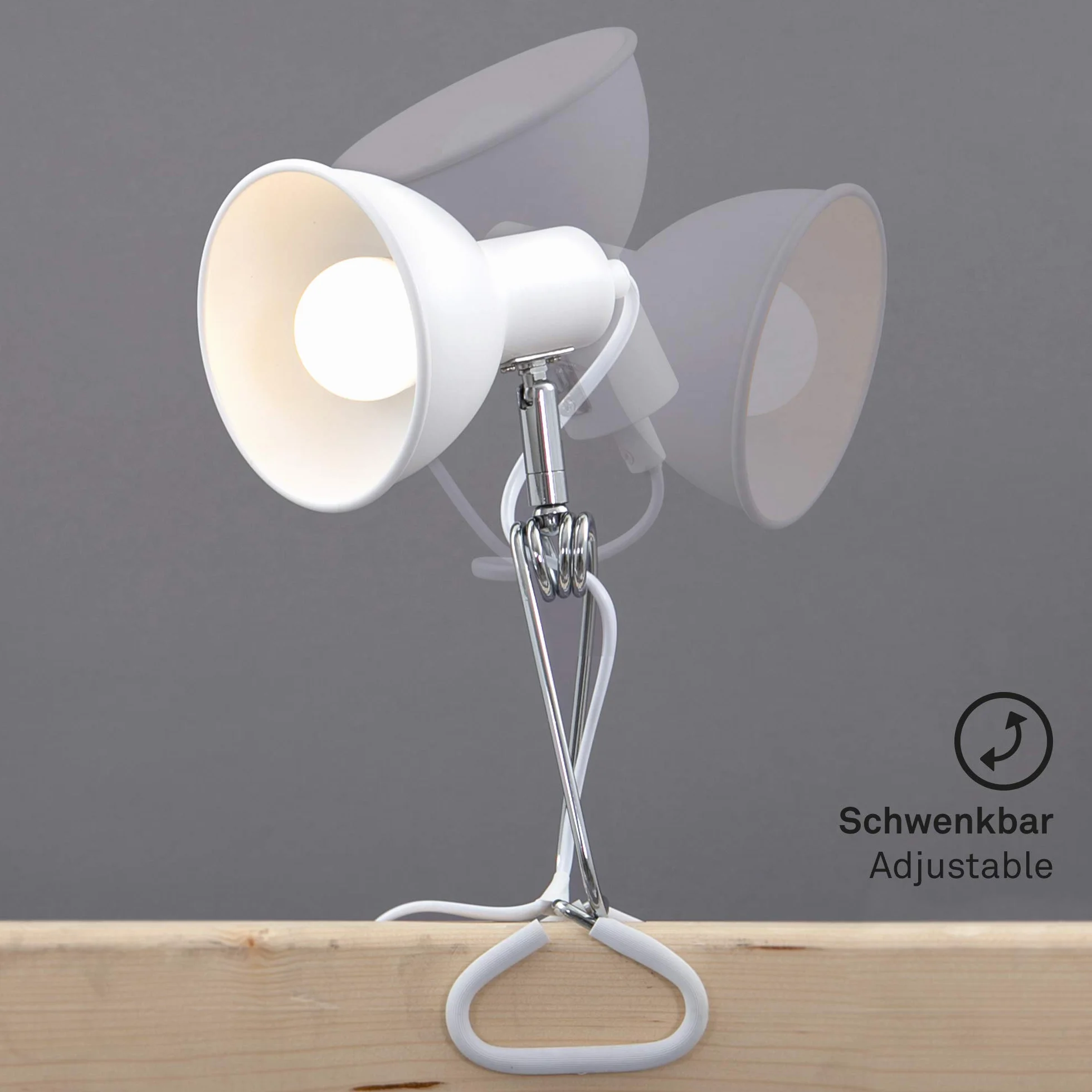 BRILONER – Lampa zaciskowa LED | 1x E14, maks. 8W | Z przełącznikiem kablowym | Głowica obrotowa i wychylna | Lampa biurkowa, lampka stołowa | Metal biały chrom | 305x110x130 mm