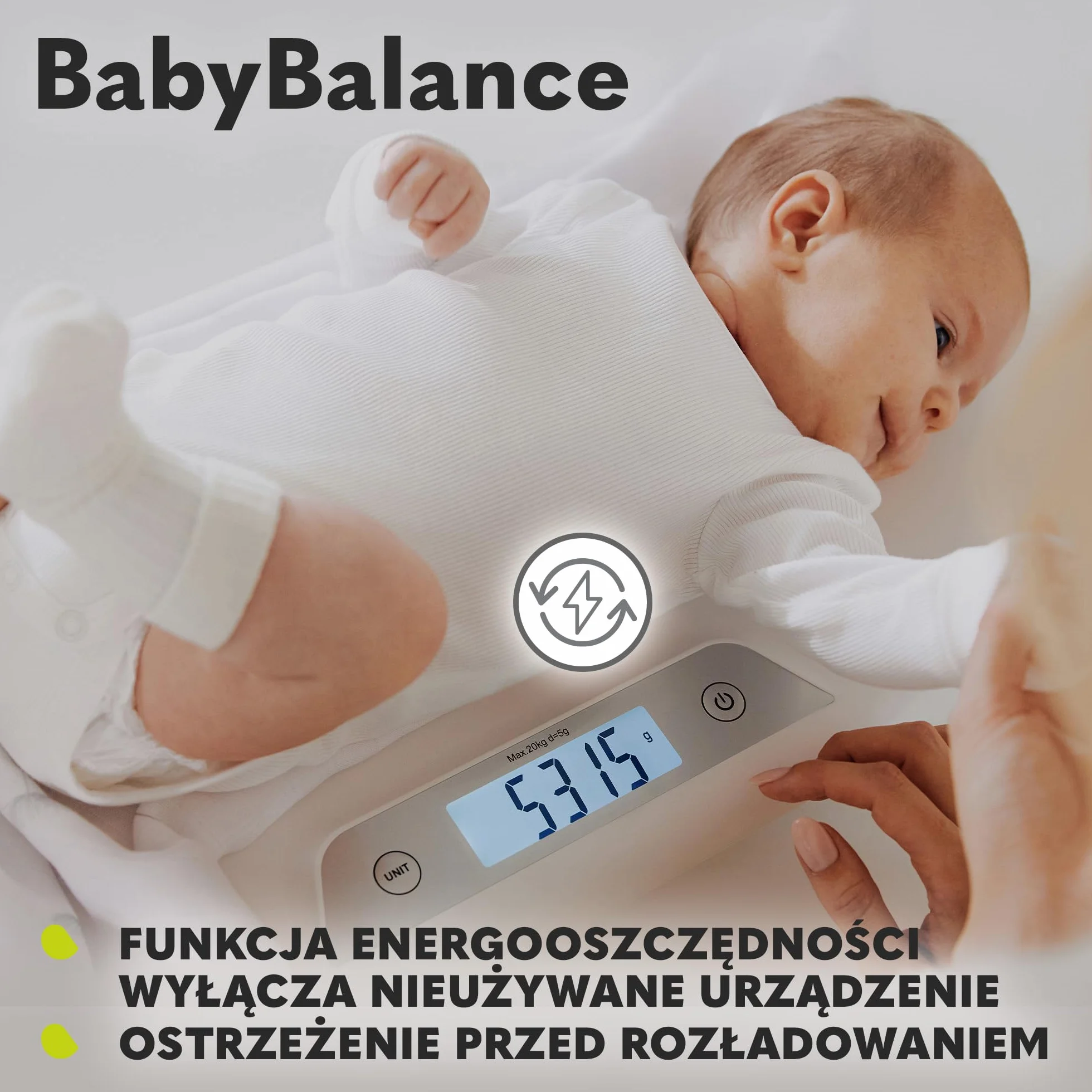 LIONELO BABYBALANCE waga elektroniczna dla niemowląt, waga do 20 kg, duży wyświetlacz, funkcja tarowania, przechowywanie ostatniego pomiaru, precyzyjne ważenie w odstępach co 5 g