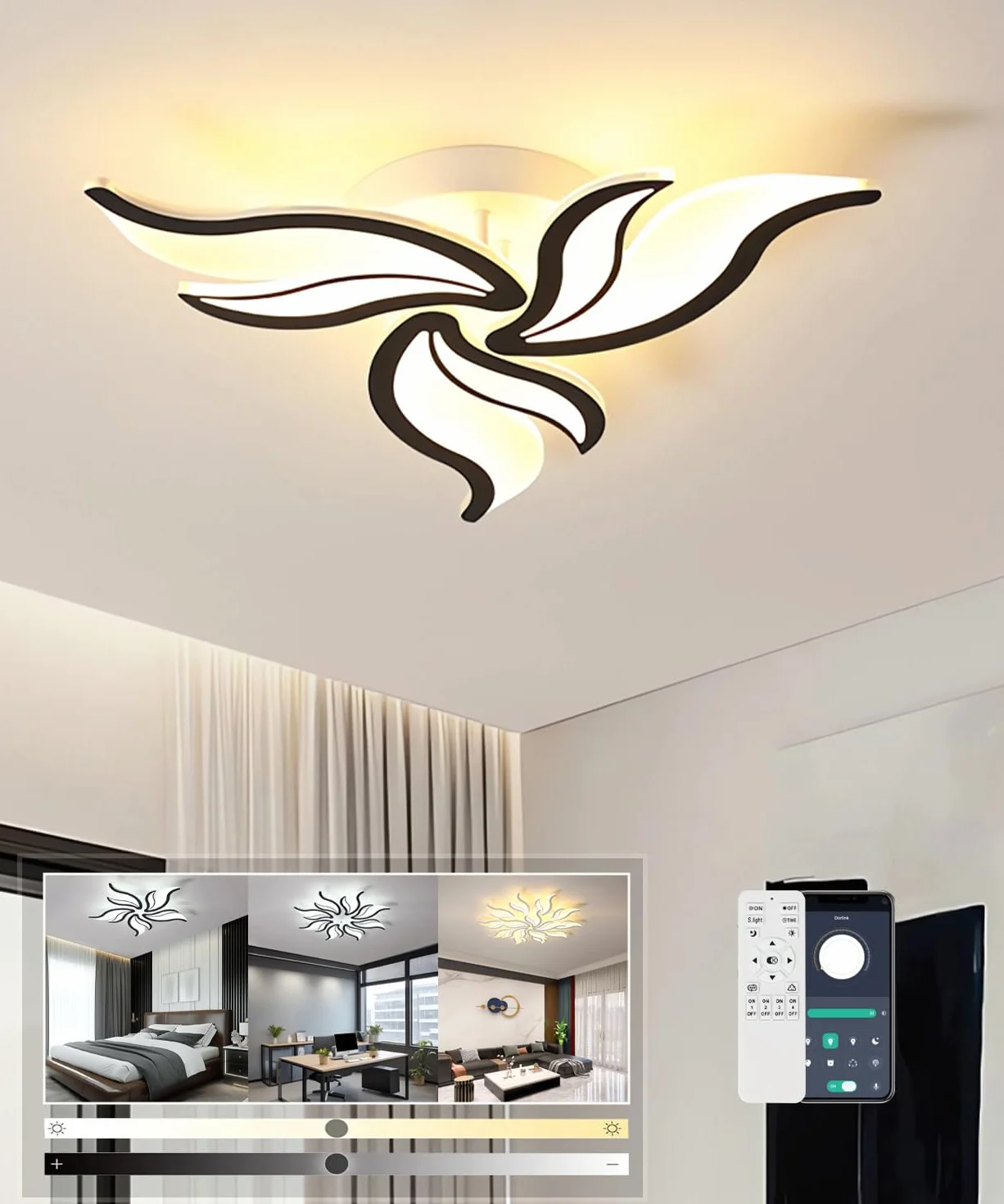 Nowoczesna lampa sufitowa LED Ściemnialna lampa sufitowa do salonu z pilotem Żyrandol 22W 3000K-6500K Lampy sufitowe w kształcie kwiatów do sypialni Jadalnia Biuro (Czarny, 3 głowic)