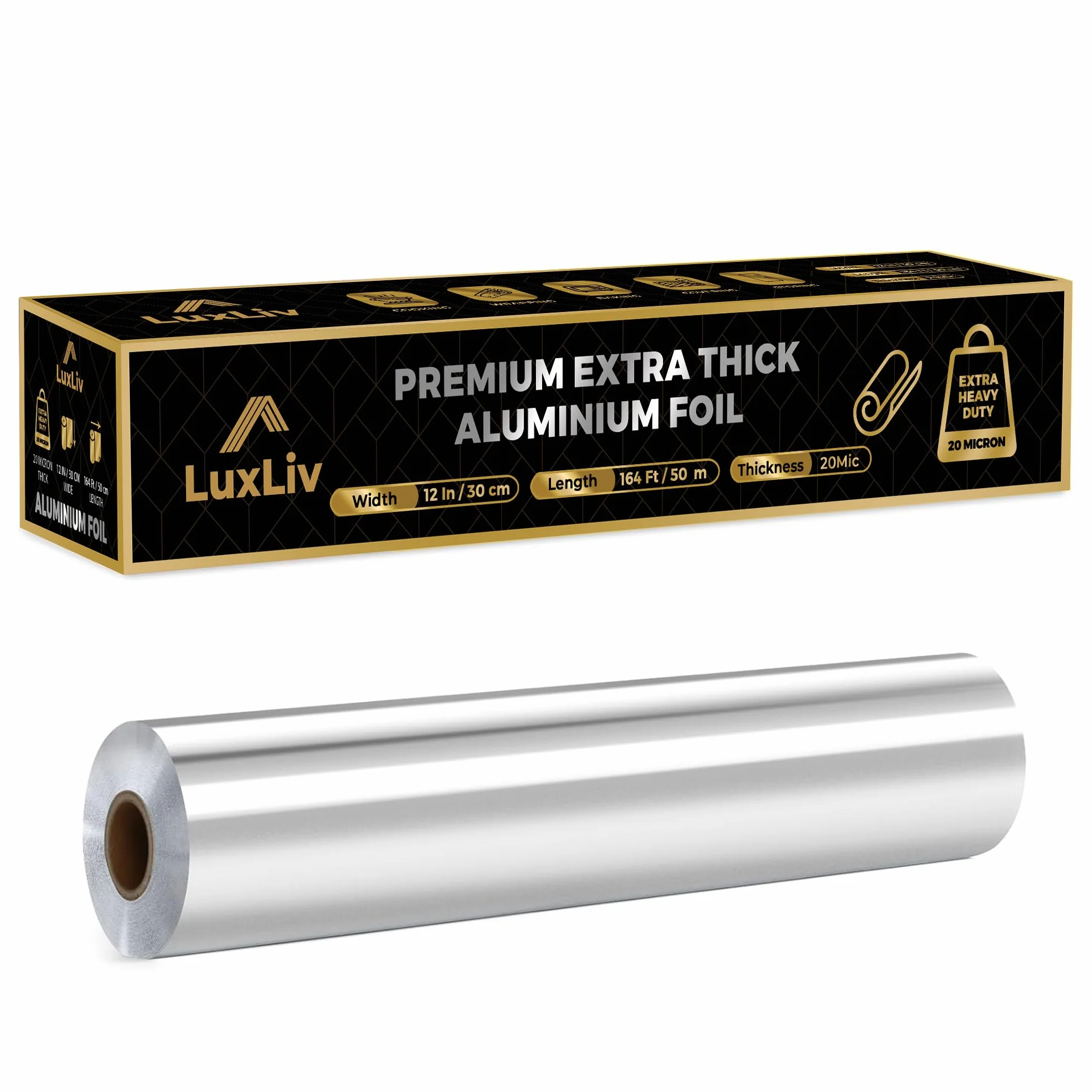 Aluminiowa wytrzymała rolka folii blaszanej – szerokość 30 cm x 50 m długości – klasa komercyjna i bardzo gruba, wystarczająco mocna dla przemysłu gastronomicznego z nożem - LuxLiv®