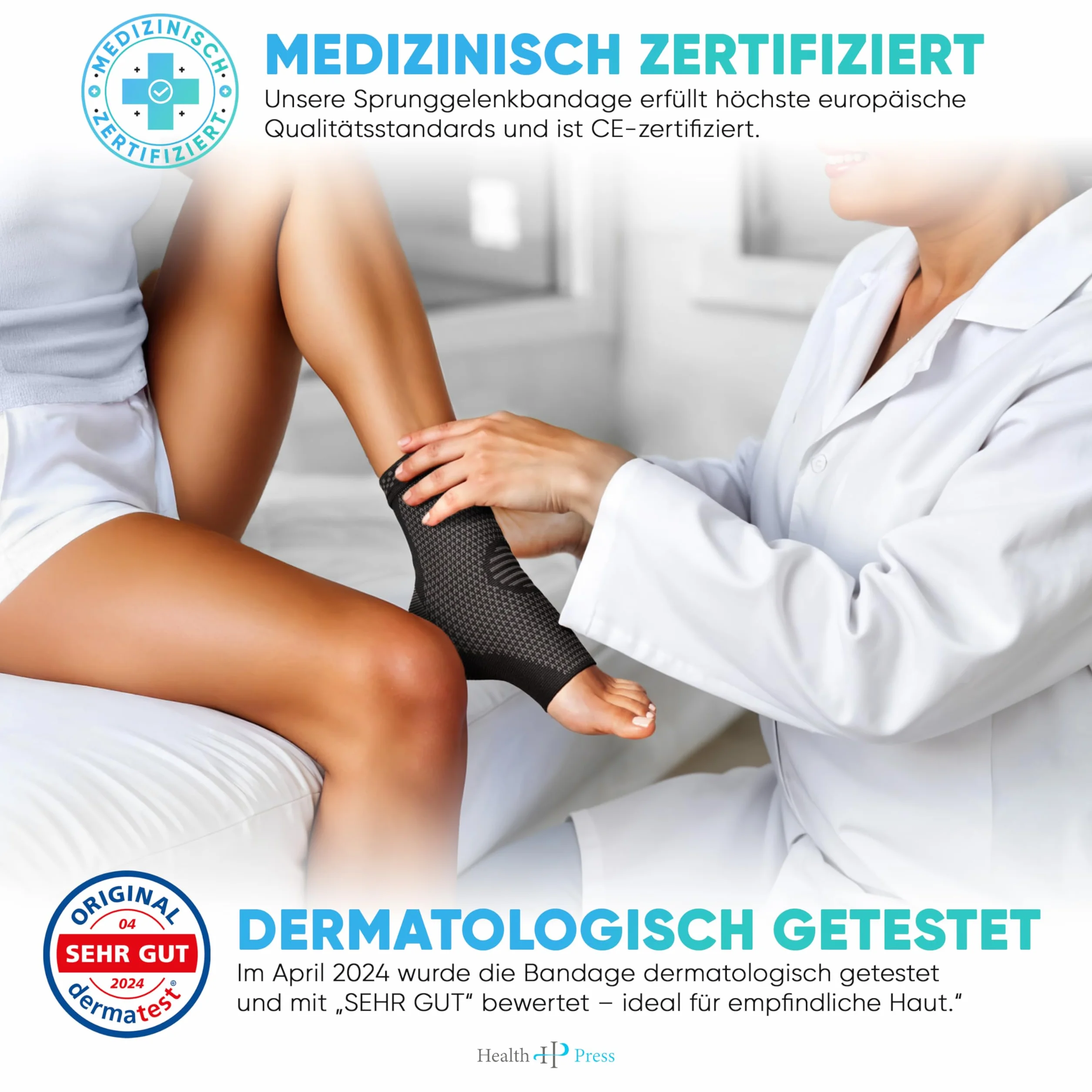 Bandaż na staw skokowy Health Press – profesjonalne pończochy podporowe, rozmiar M, 2 sztuki