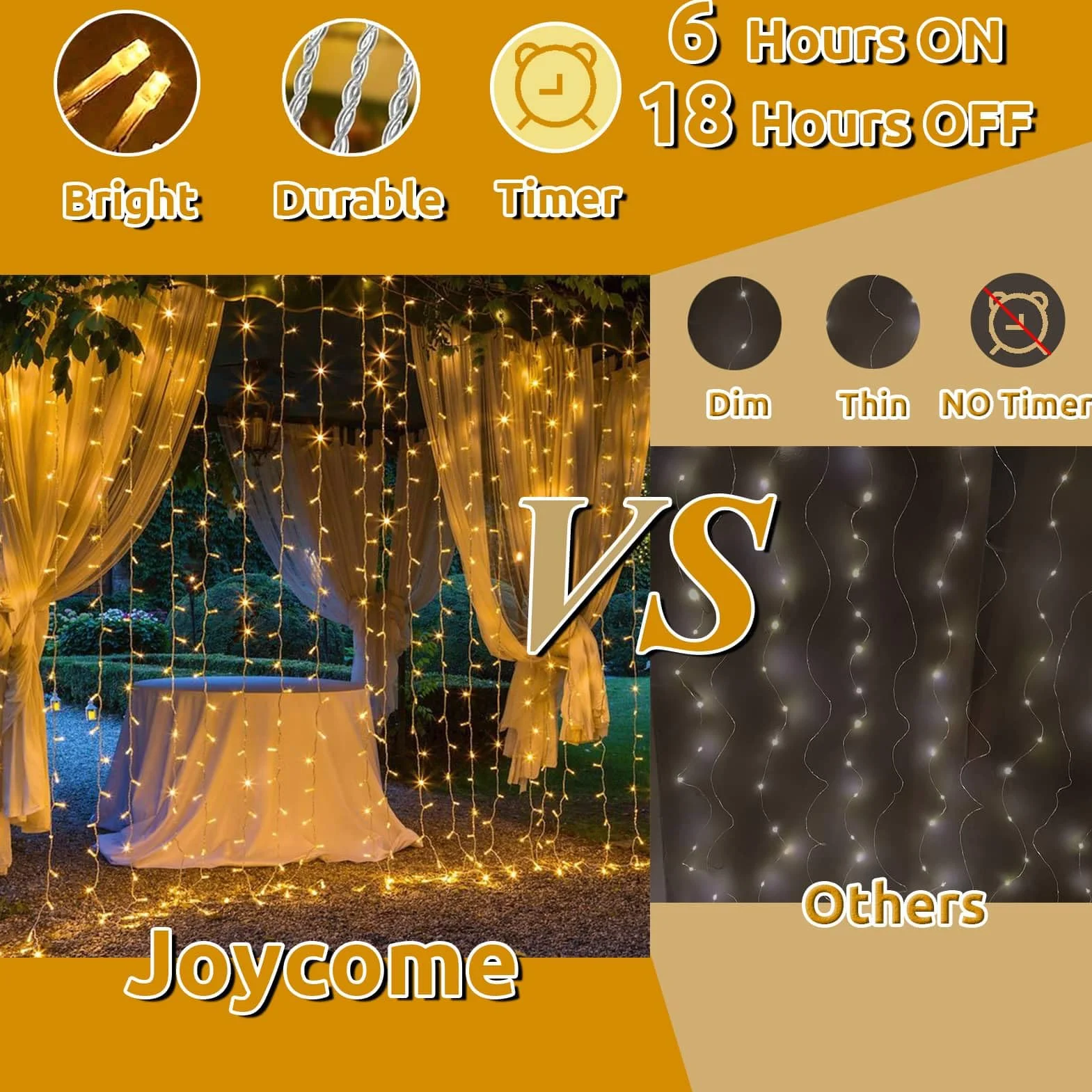 Joycome Kurtyna świetlna na zewnątrz, 3 m x 3 m, 300 diod LED, zasłona z wtyczką, 8 trybów, wodoszczelny, łańcuch świetlny, do pokoju, na balkon, imprezę, do namiotu, na wesele, do użytku na zewnątrz