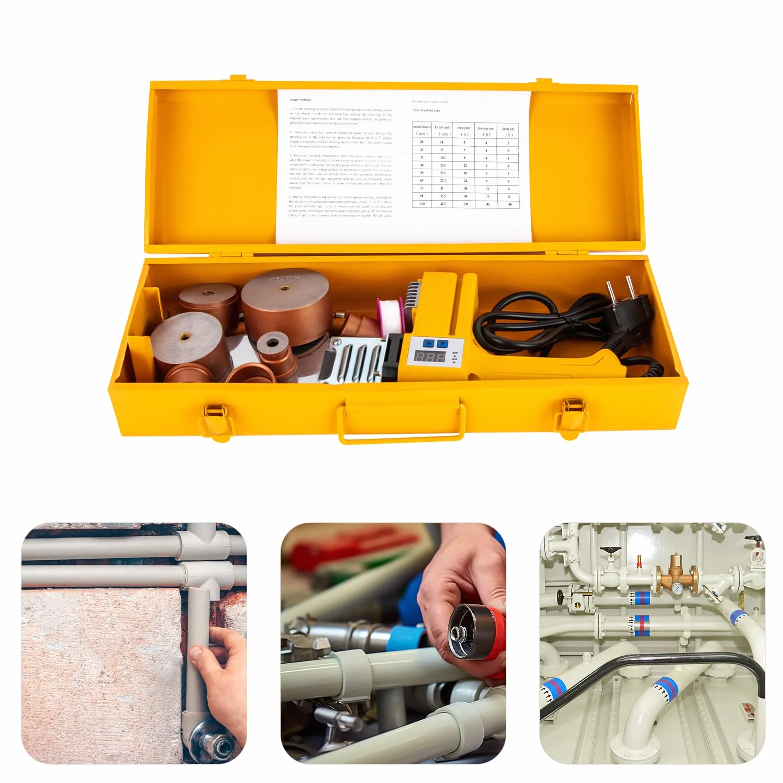 Spawarka do rur 1000 W, elektryczne narzędzie do spawania do spawania PPR, PE, PP, HDPE, PCW, gospodarstwa domowego, warsztatu, na placu budowy, głowice tnące 20-63 mm