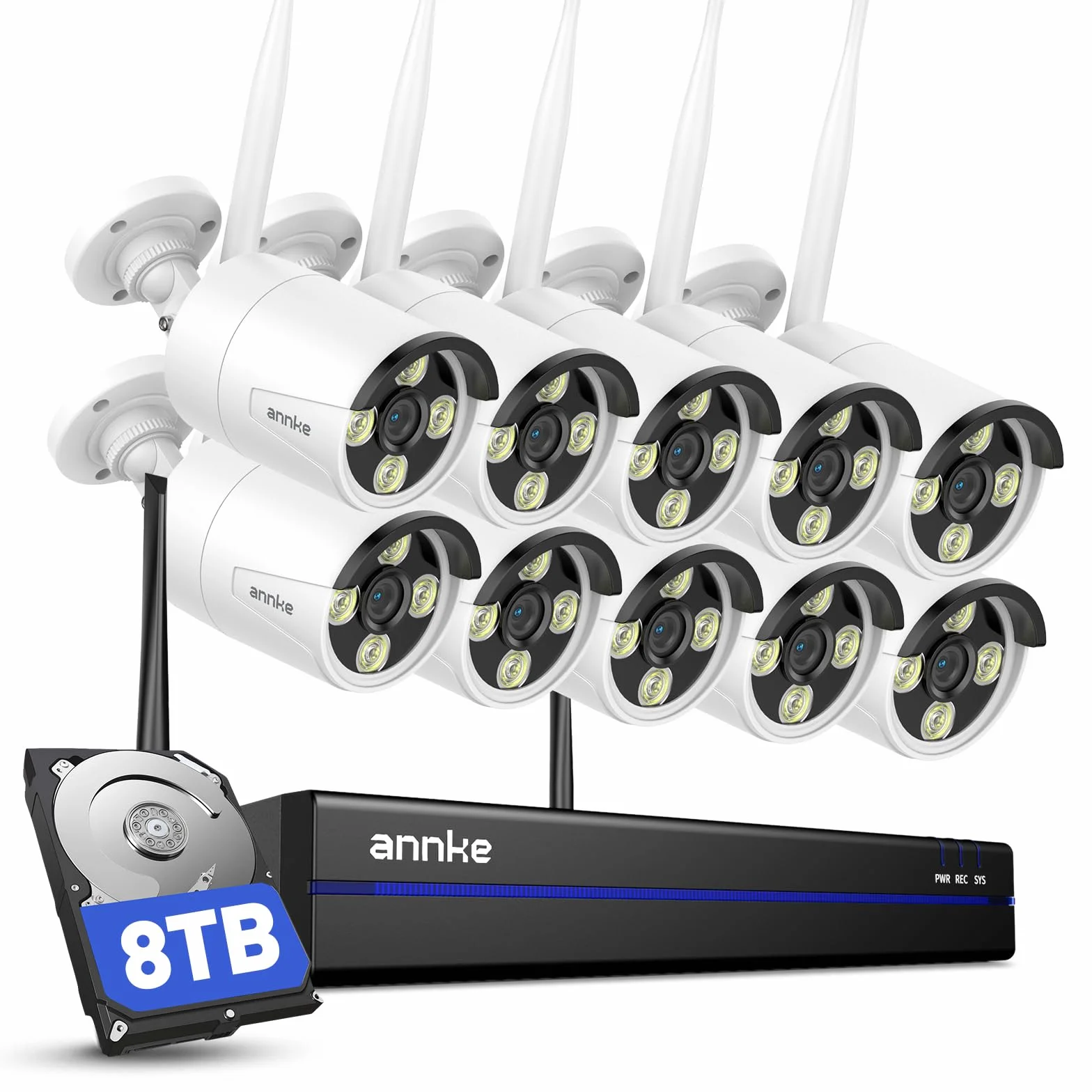 ANNKE Zestaw 2K WLAN kamera do monitoringu, do użytku na zewnątrz, 10X 2K WiFi, 16CH 4K NVR z 8 TB HDD, w pełni metalowy, 5 GHz/2,4 GHz Wi-Fi, noktowizor, rozpoznawanie osób, 2-drożne audio