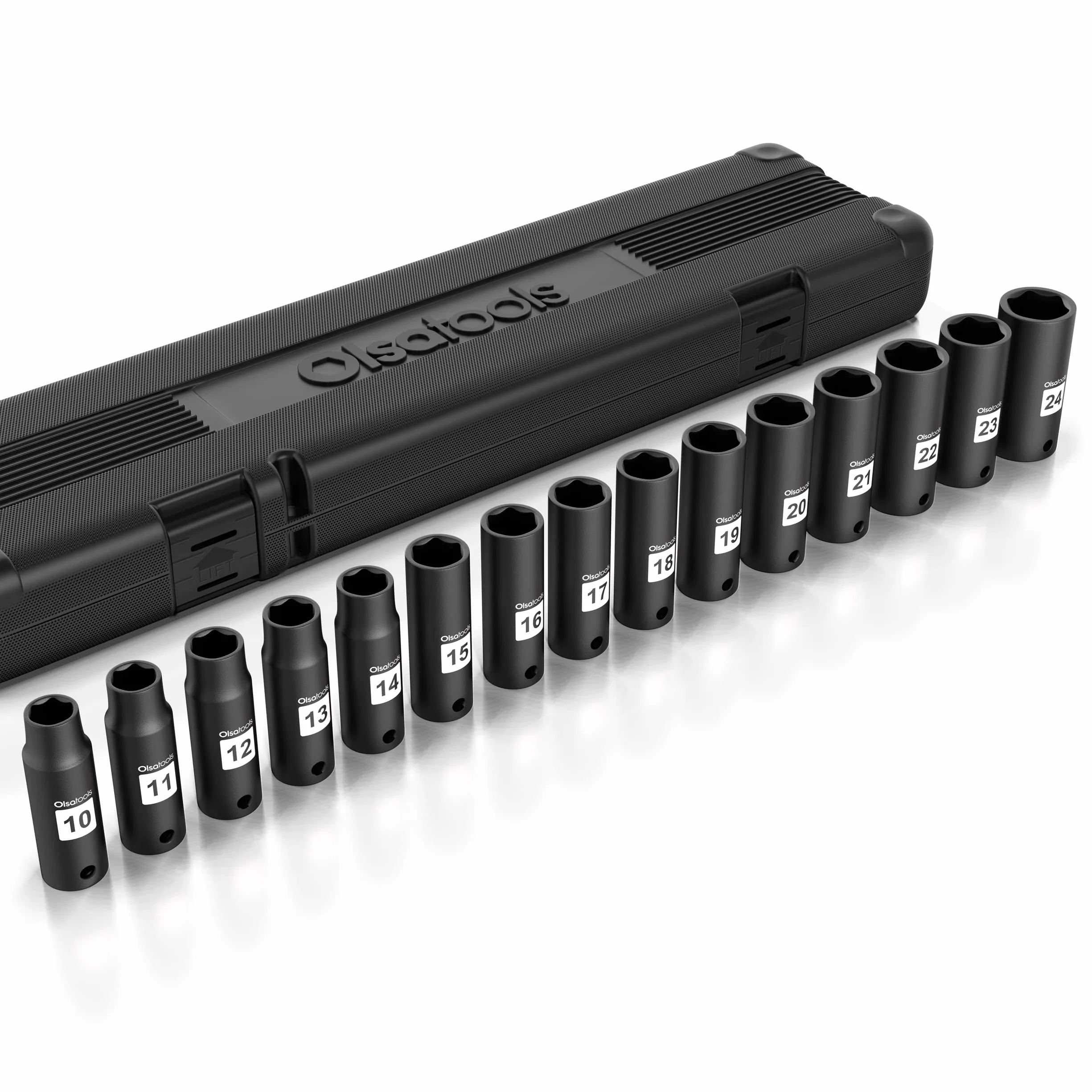Olsa Tools 1/5.1 cm Drive Cr-Mo zestaw nasadek udarowych | profesjonalny CrMo | 6-punktowy metryczny | 15 szt. 10 mm do 24 mm | oznaczenia o wysokim kontraście | chromowo-molibden | etui do