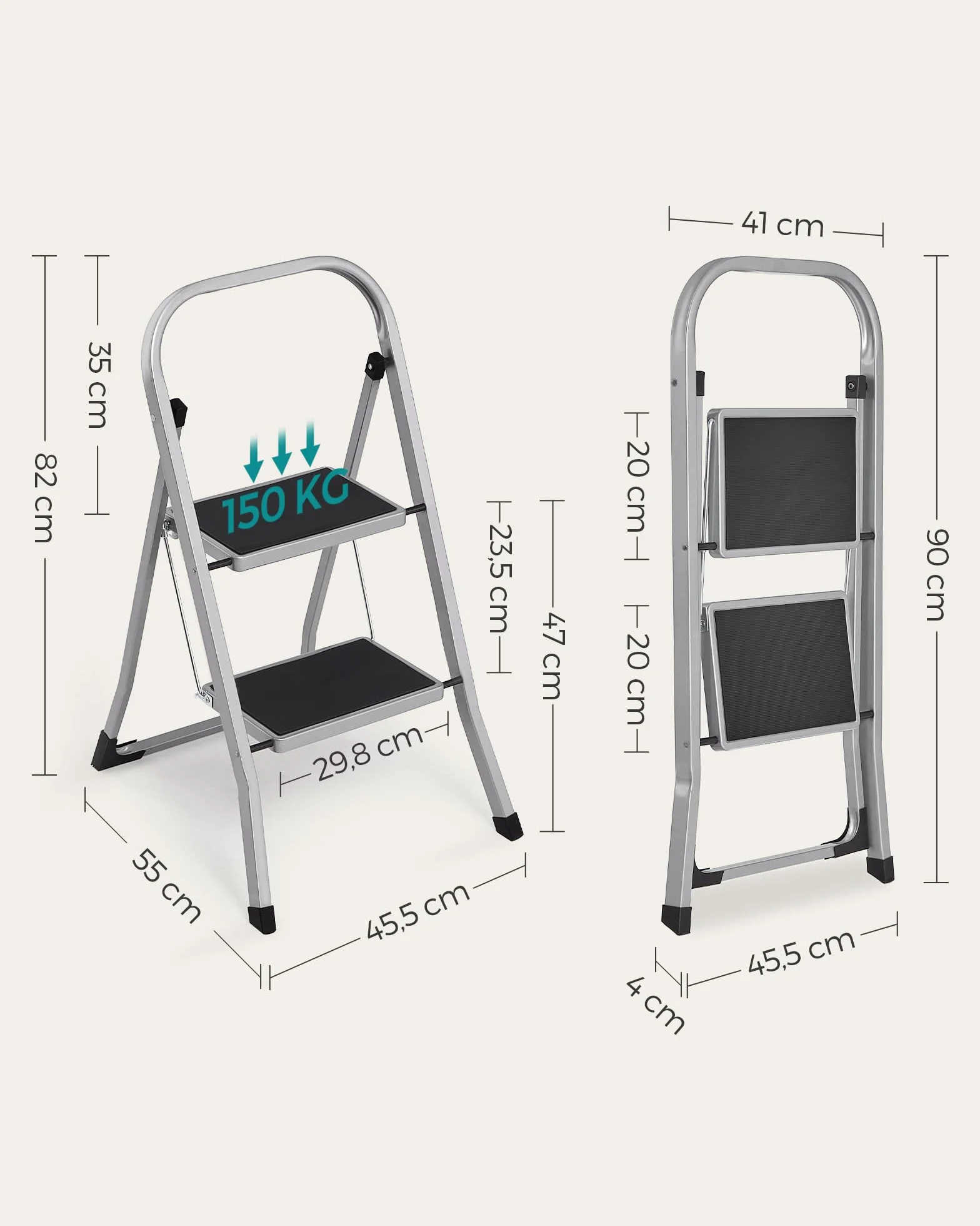 SONGMICS Drabina schodkowa, drabina z 2 stopniami, składane zabezpieczenie, łatwa do przechowywania, obciążenie do 150 kg, gołębi szary GSL012G01