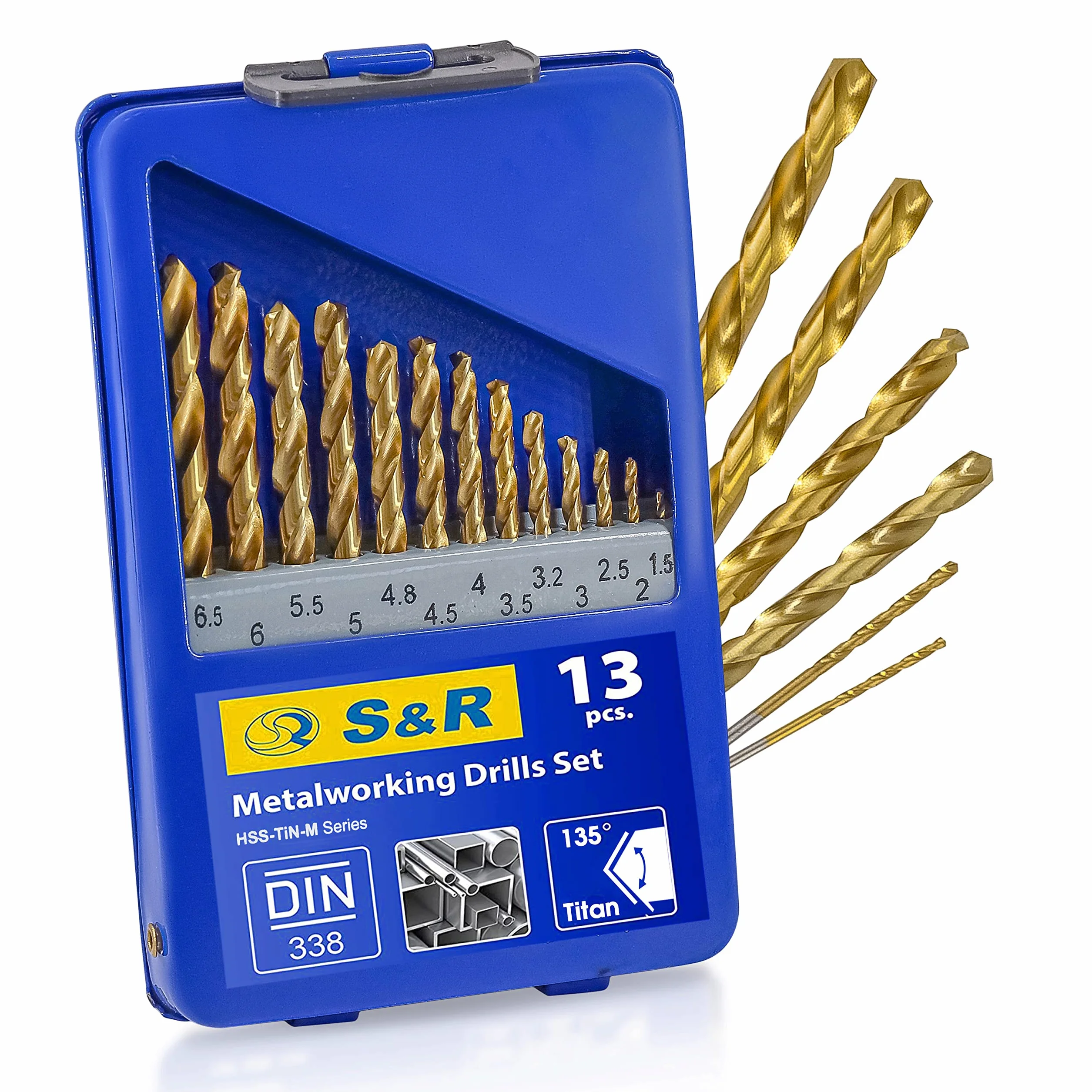 S&R zestaw wierteł do metalu 13 szt. 1,5-6,5 mm, jakość przemysłowa, wiertło ze stali HSS-G TITANIUM wg DIN 338, kąt wierzchołkowy 135°, szlifowane, powłoka z azotku tytanu, wiertło kręte TiN