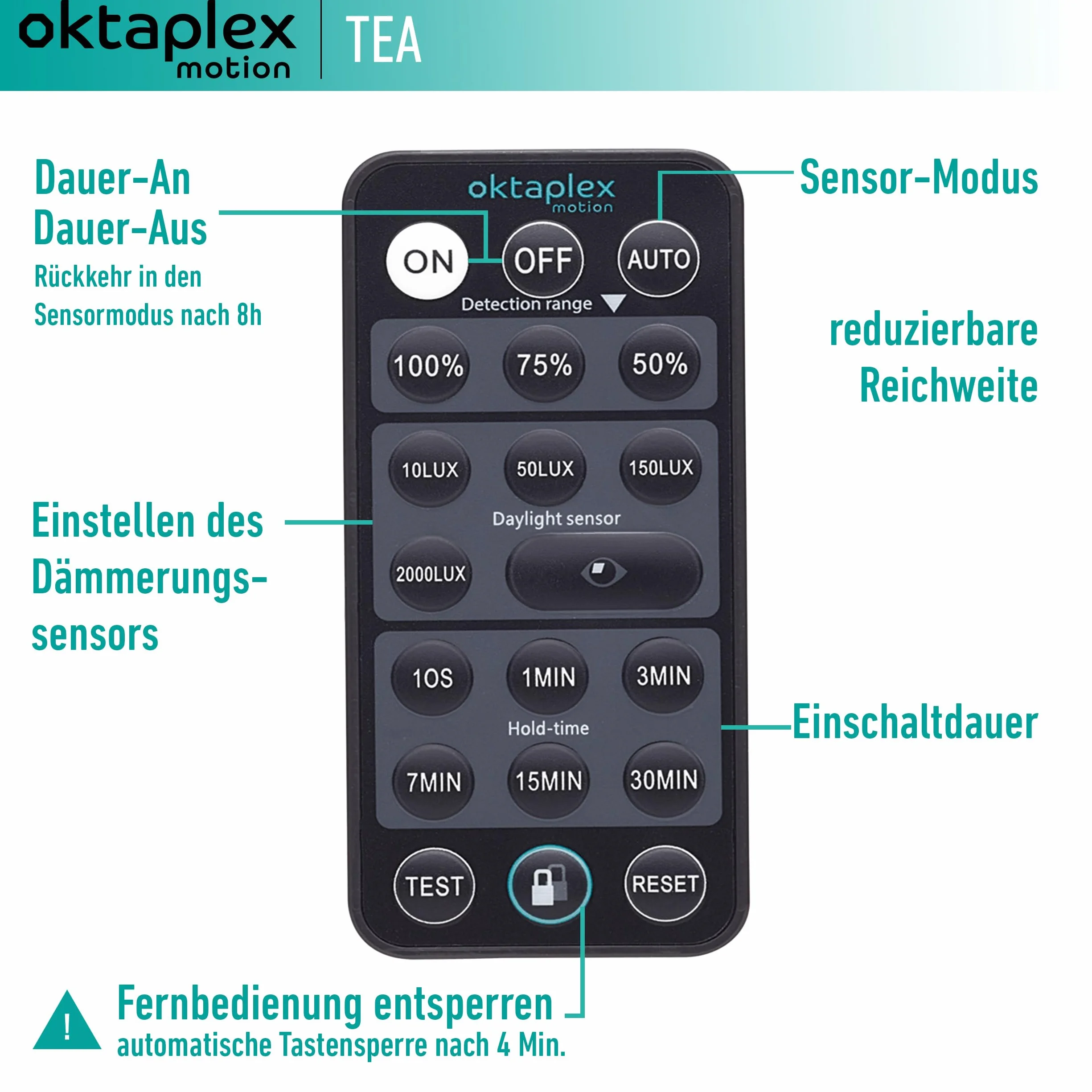 Oktaplex Tea zewnętrzny czujnik ruchu antracyt 360 stopni, z pilotem zdalnego sterowania, czujnik podczerwieni 9 m, zasięg 230 V, IP65, do sufitu i ściany