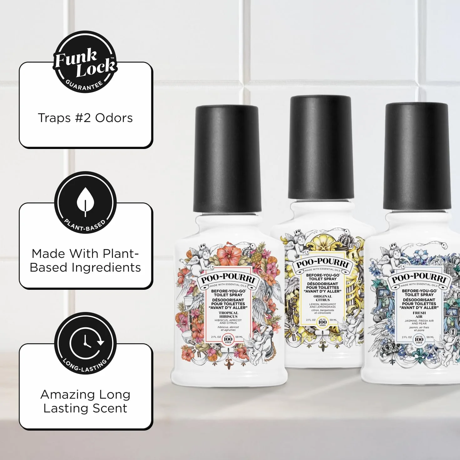 Pourri Bright & Tropical odświeżacze łazienkowe, zestaw Getaway, 3 mini zapachy łazienkowe, do użytku jako odświeżacz do toalety lub dezodorant łazienkowy, świeże powietrze, cytrusy i tropikalny