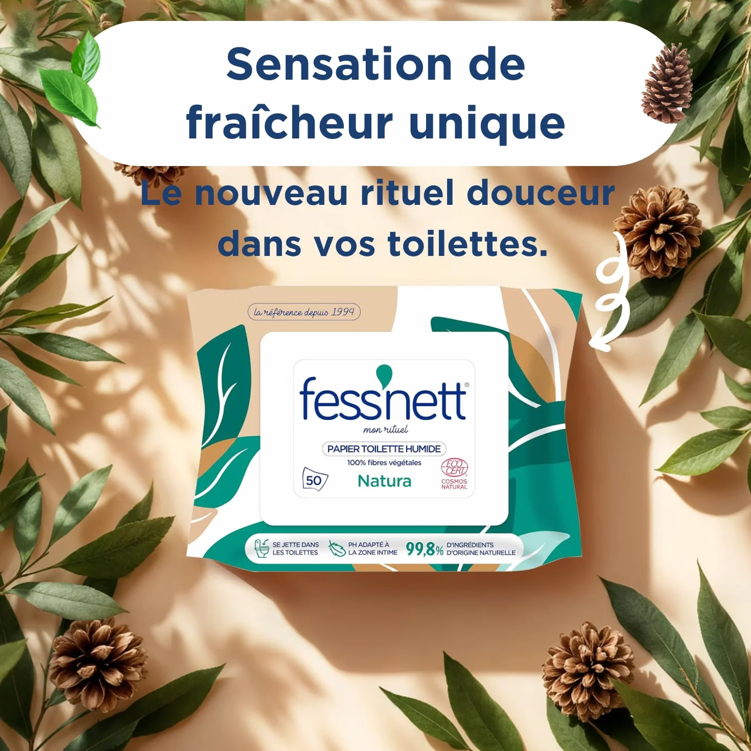 Fess'nett Natura wilgotny papier toaletowy, 50 sztuk, testowany dermatologicznie, 0% parabenów, 0% fenoksyetanol, hipoalergiczny