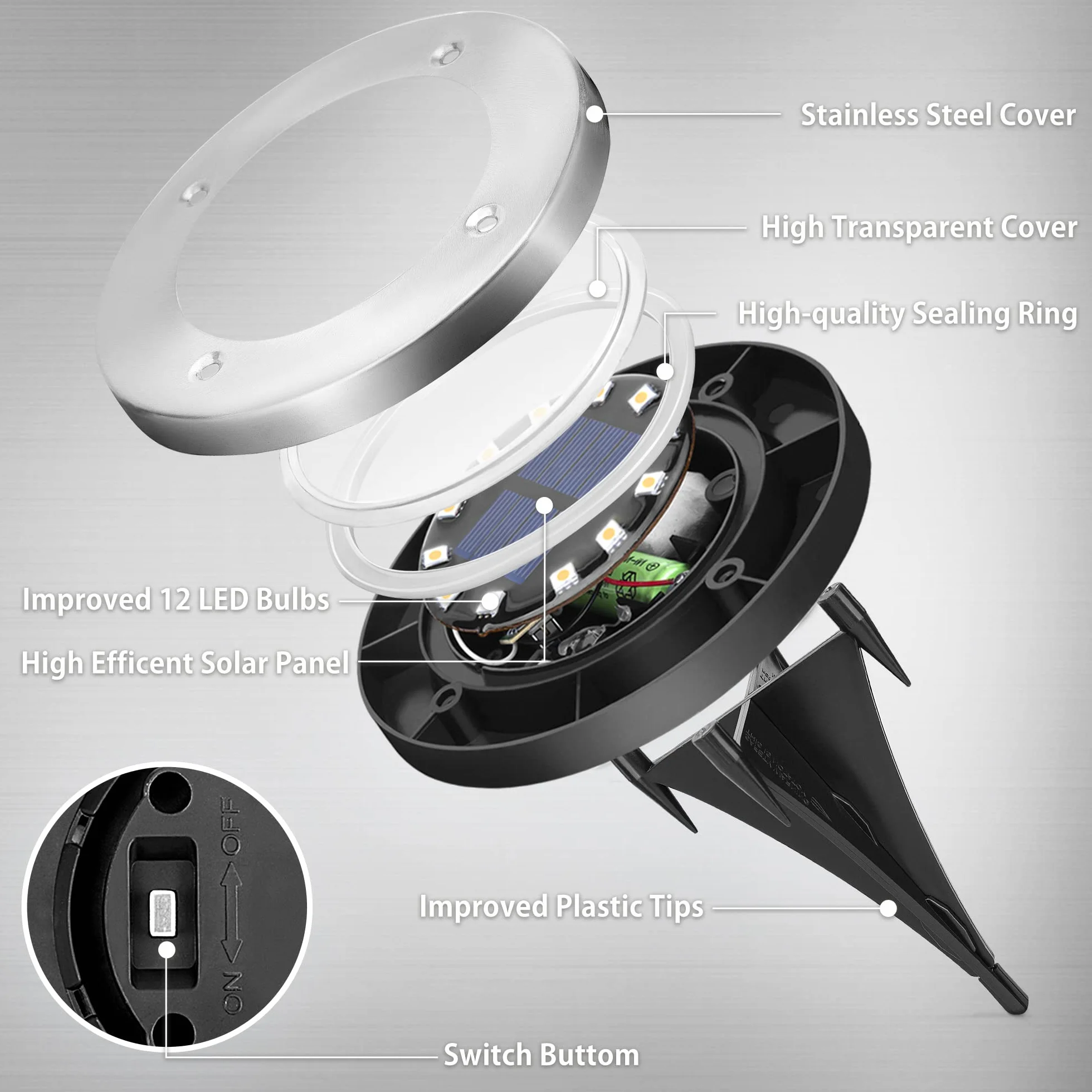 Solpex Zestaw 8 sztuk solarnych lamp gruntowych do ogrodu, 12 diod LED, Ciepła biel, ze stali nierdzewnej, wodoszczelne, na taras, trawnik, podwórko, chodnik