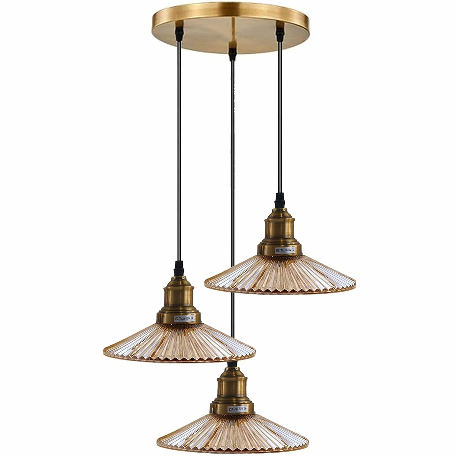 Długi żyrandol 3 światła żebrowany szklany sufit wisząca lampa wisząca | Nowoczesne wiszące lampy sufitowe z mosiądzu | odcienie 21 cm i regulowane kable 95 cm | do willi salonu przedsionka schodów