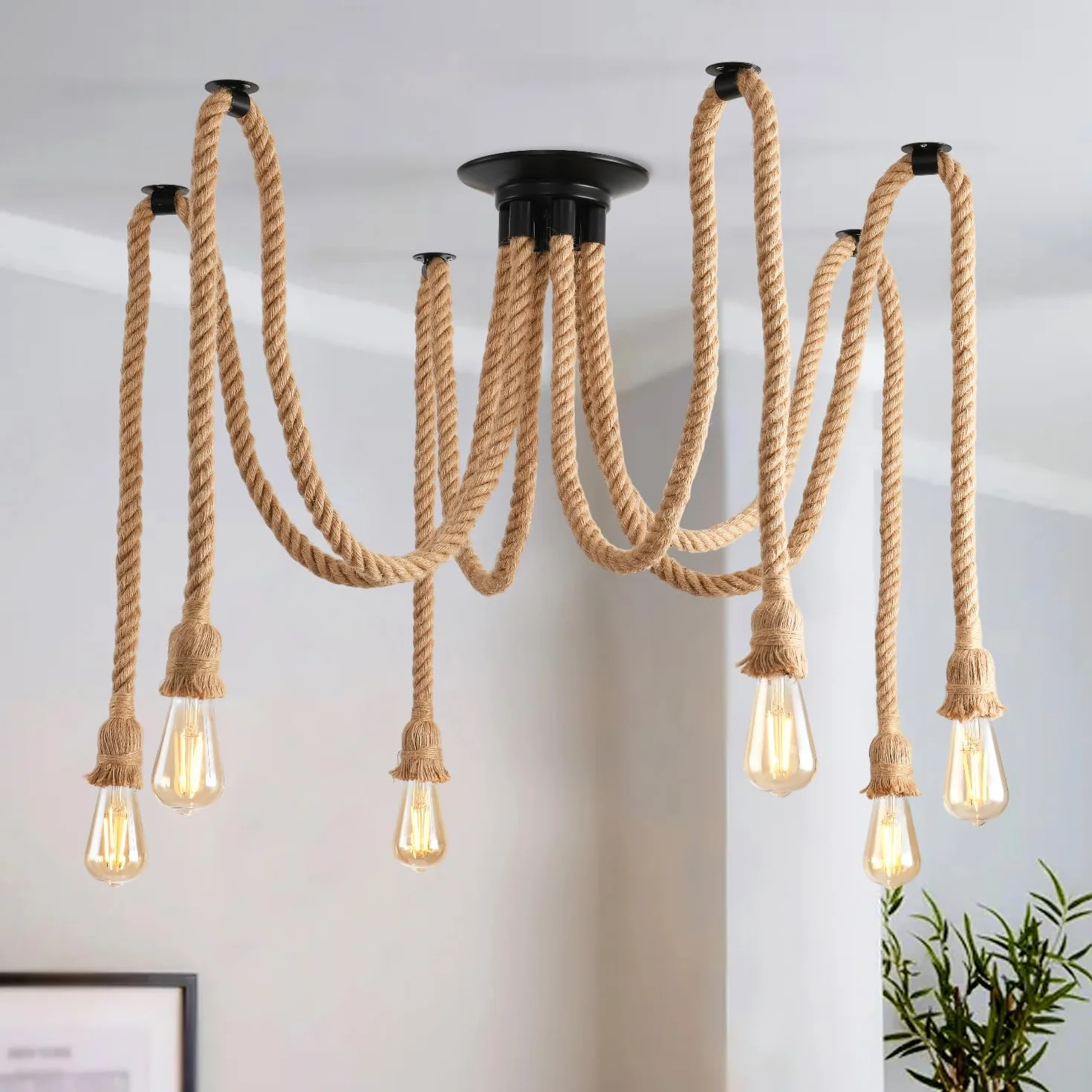 ANWIO Lampa sufitowa z liny konopnej, pająk, żyrandol, lina konopna, "zrób to sam", lampa sufitowa retro, lampa wisząca E27, do jadalni, salonu, jadalni, hotelu, dekoracja (6 żarówek)