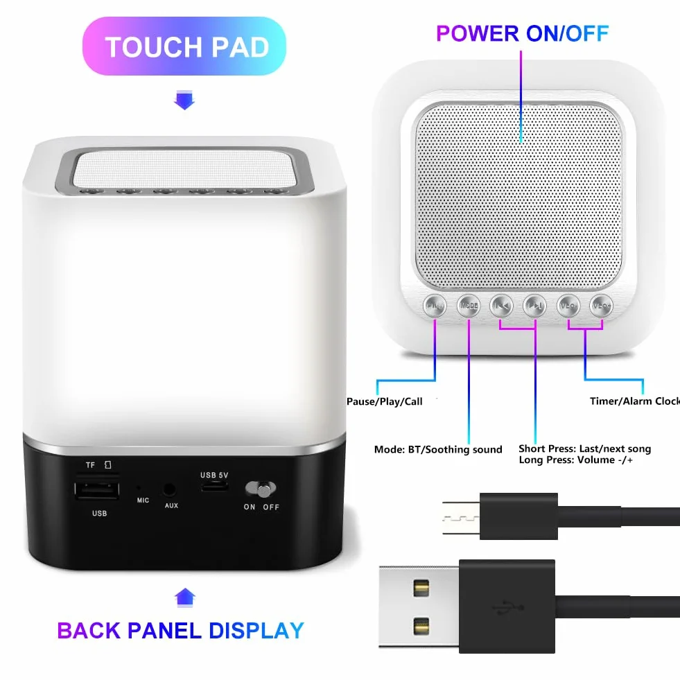 Głośnik Bluetooth 5 w 1 ze światłem, budzik świetlny RGB, zmiana kolorów, lampka nocna, dotykowa, ściemniana, budzik cyfrowy z USB, zestaw głośnomówiący, odtwarzacz MP3, fajne rzeczy dla