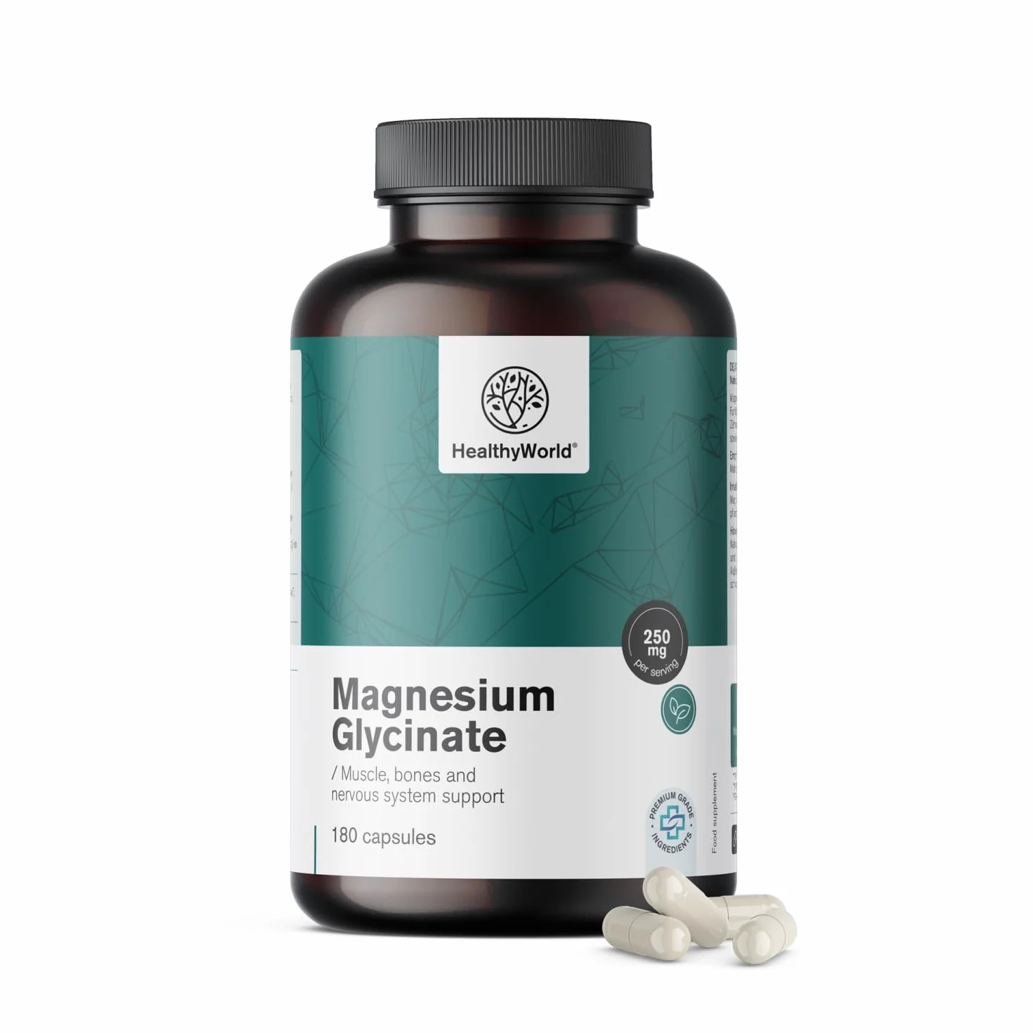 HealthyWorld Glicynian magnezu 250 mg - 180 kapsułek roślinnych - Na wzrost energii i wsparcie mięśni - Trening, kondycja i układ odpornościowy - 125 mg magnezu na kapsułkę - zapas na 3 miesiące
