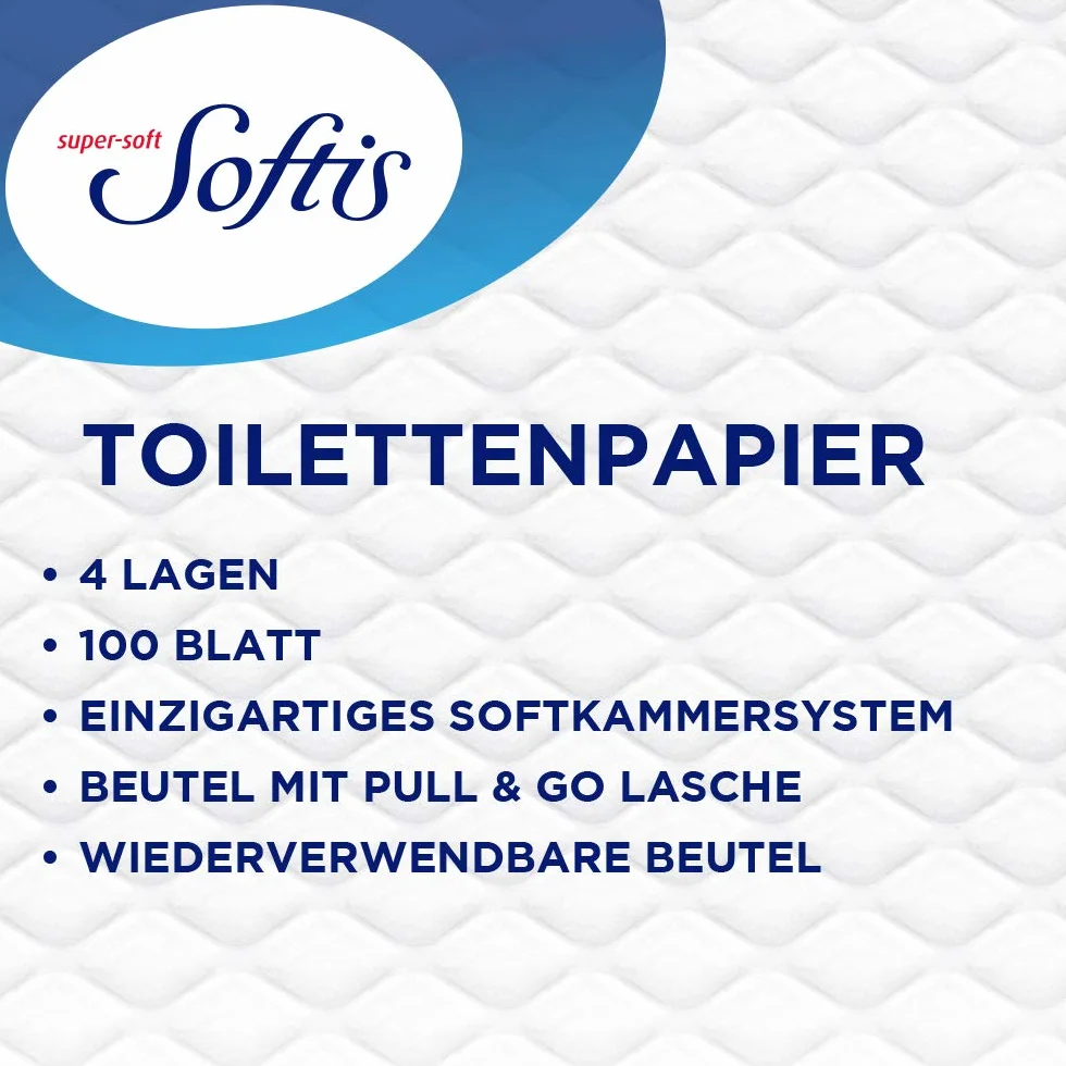 Softis 4-warstwowy papier toaletowy, opakowanie 45 rolek (5 x 9 pojedynczych opakowań), 100 arkuszy na rolkę, jedyny w swoim rodzaju system miękkich komór | opakowanie nadające się do recyklingu | papier z certyfikatem FSC