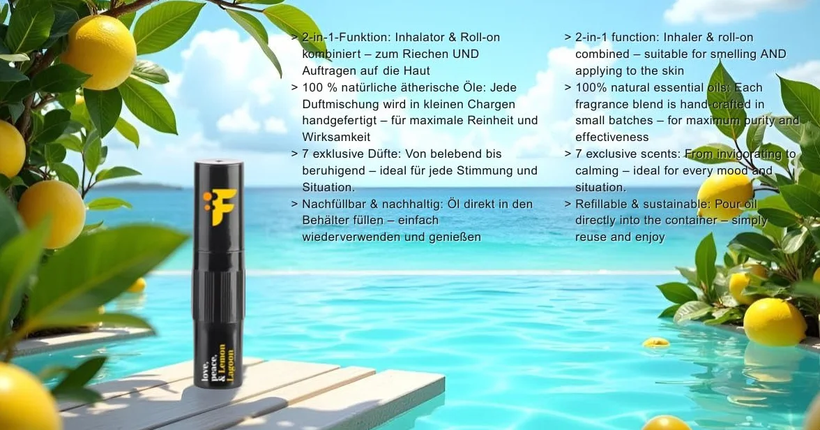 FIOROMA Premium inhalator do nosa z roll-on – kij do aromaterapii ze 100% naturalnymi olejkami eterycznymi – 7 wariantów zapachowych – przenośny i wielokrotnego użytku (Lemon La Lagoon)