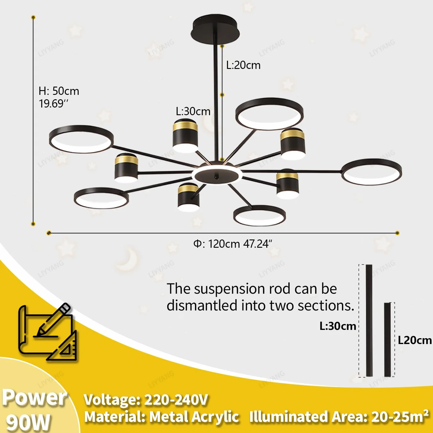 Okrągły żyrandol LED Lampka sufitowa z funkcją ściemniania i pilotem Lampka do salonu Lampka sufitowa do sypialni Lampka wisząca Starlight Nowoczesne lampy sufitowe restauracji i biura (Czarny Φ120cm)