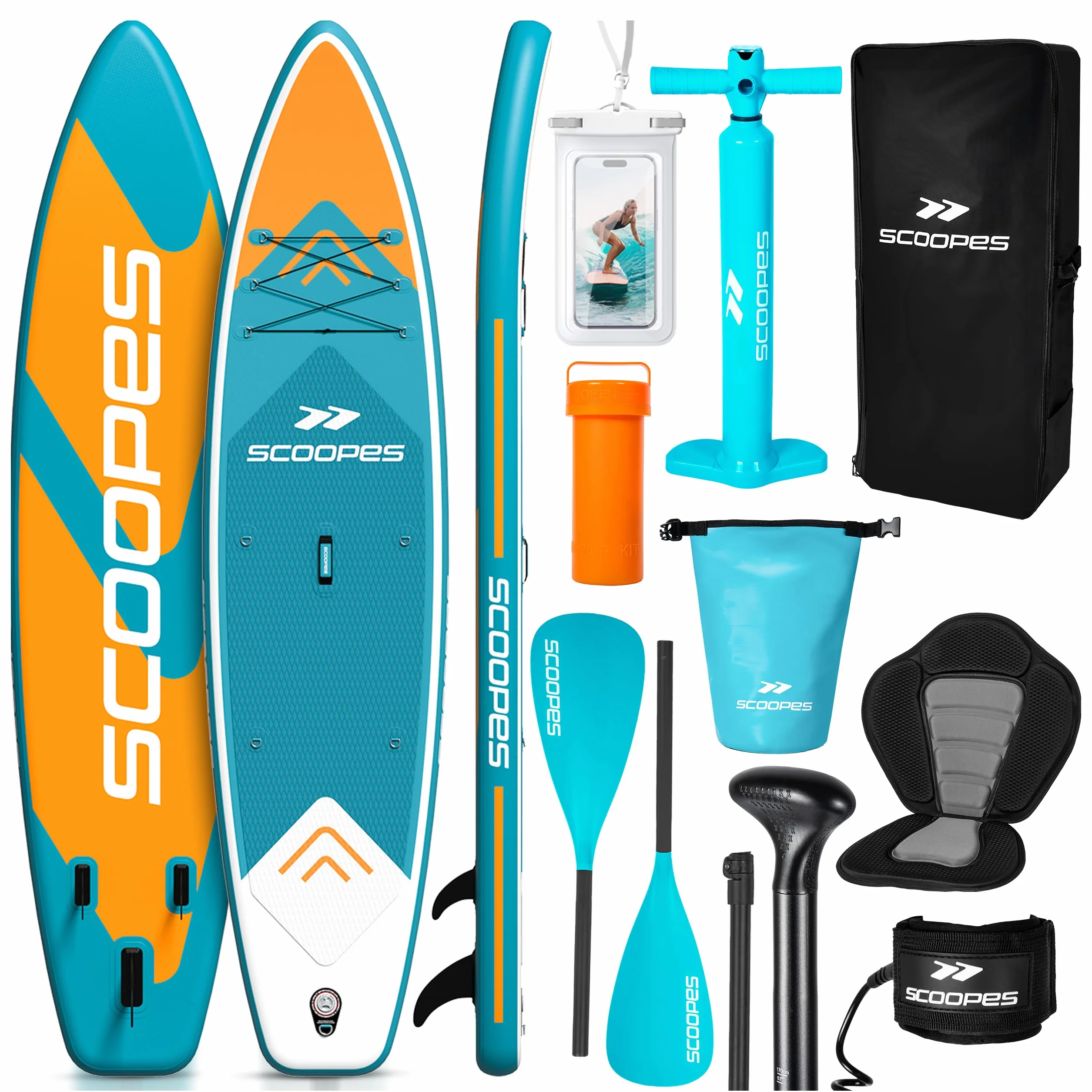 SCOOPES Deska Sup z Akcesoriami, Wiosło, Fotel, Pompka, Torba transportowa, Etui wodoodporne na telefon. Nadmuchiwana Deska o Doskonałej Stabilności I 305 x 81 x 15 cm