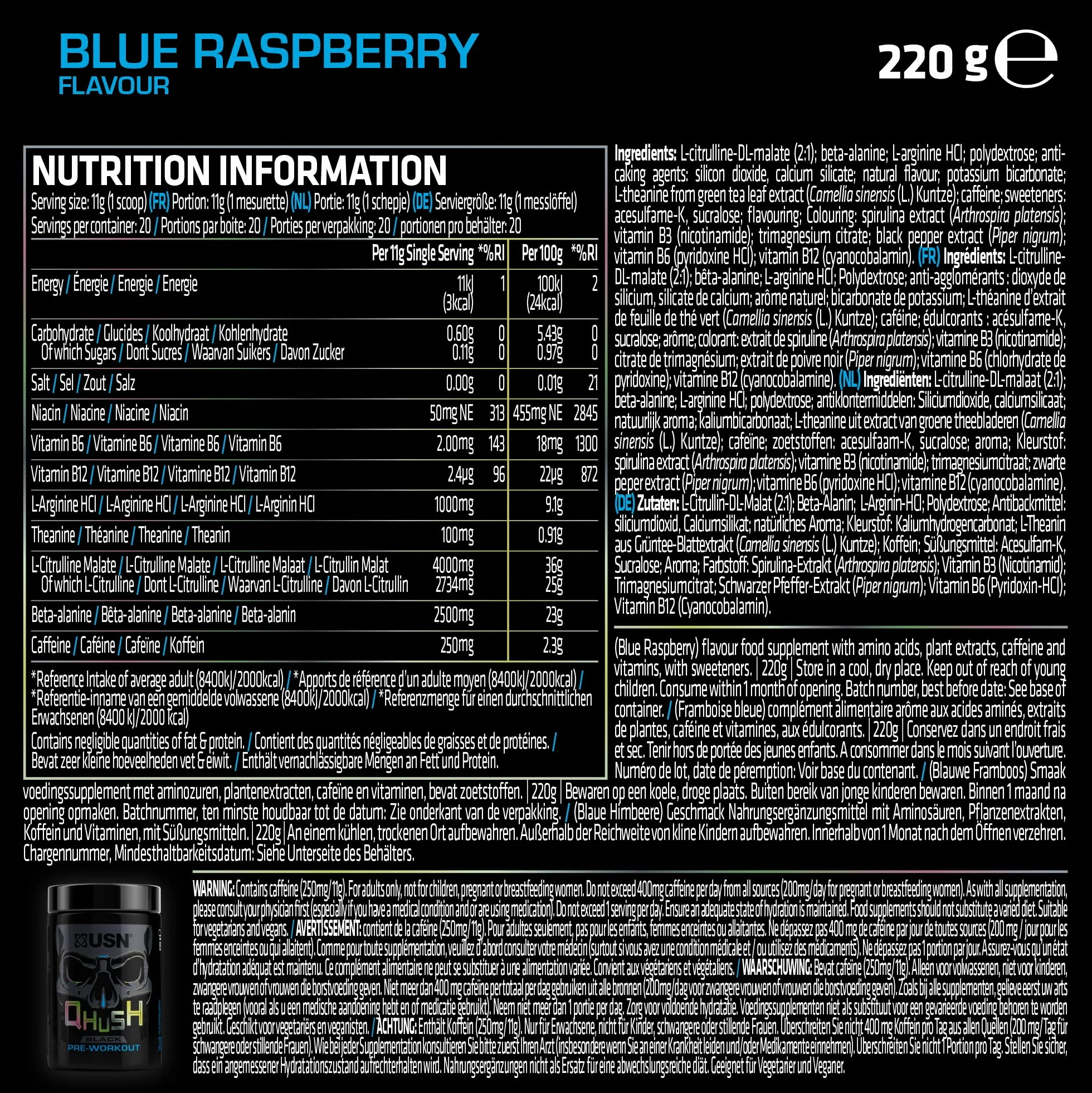 USN QHUSH Pre-Workout Blue Raspberry 20 Serv